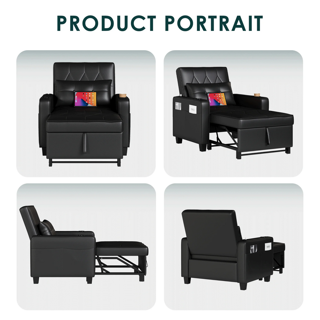 LAZZO 3-in-1 Leather Sleeper Chair Bed with USB Ports, Cup Holders & Pockets, Black
