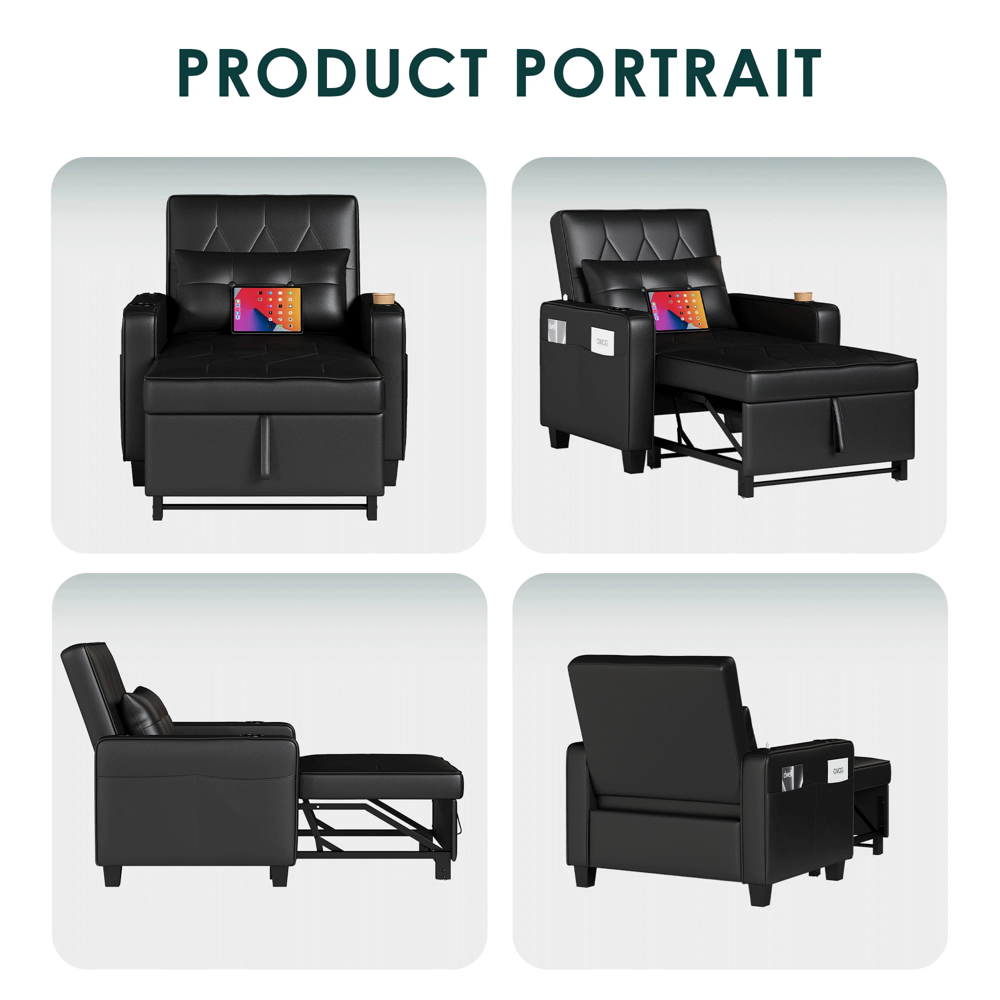 LAZZO 3-in-1 Leather Sleeper Chair Bed with USB Ports, Cup Holders & Pockets, Black