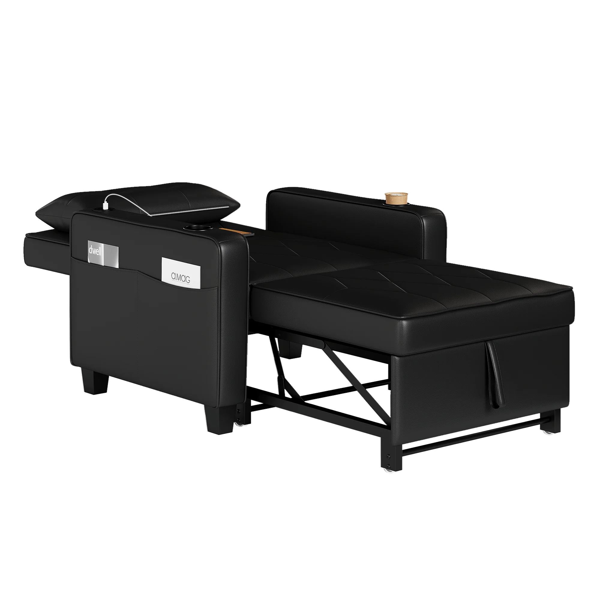 LAZZO 3-in-1 Leather Sleeper Chair Bed with USB Ports, Cup Holders & Pockets, Black