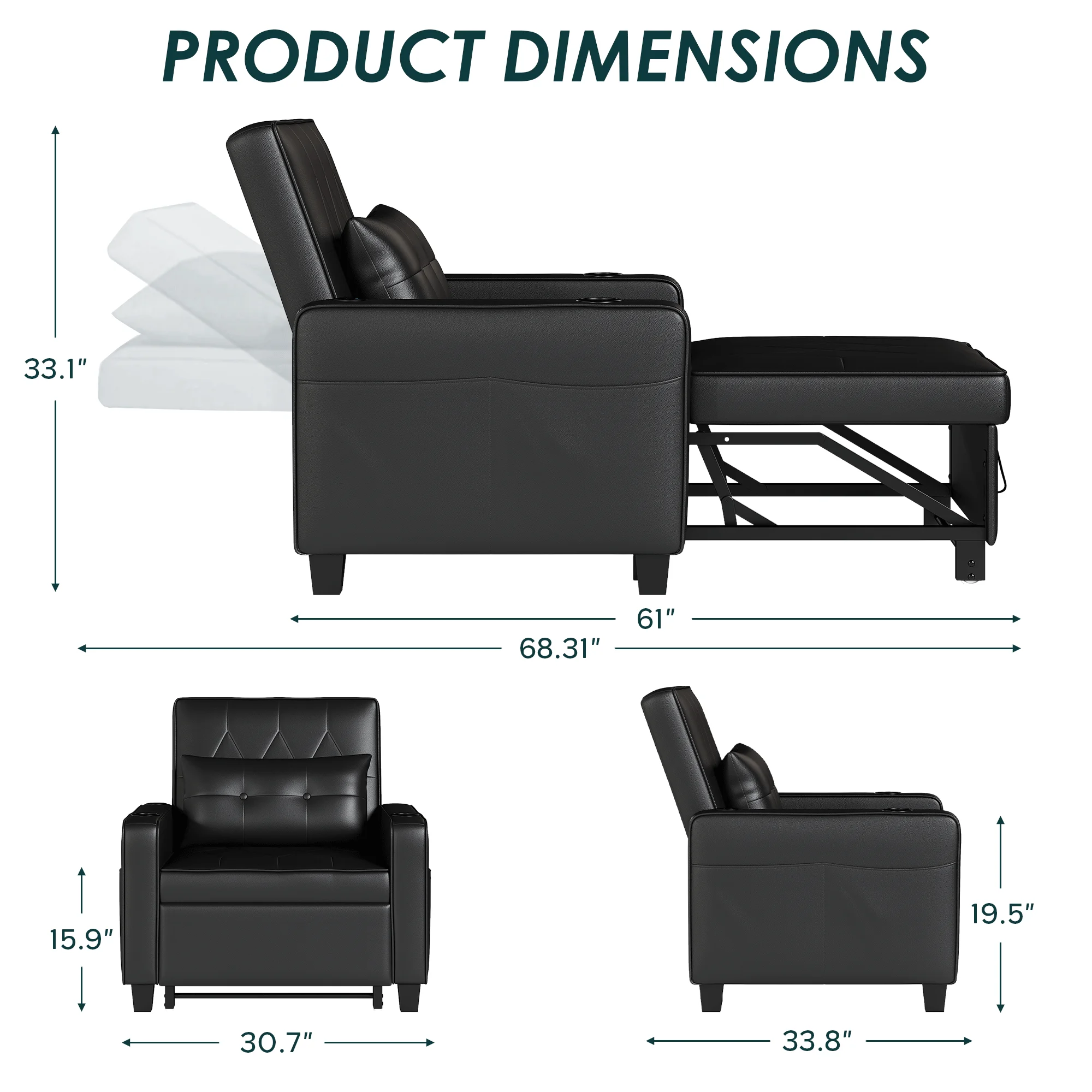 LAZZO 3-in-1 Leather Sleeper Chair Bed with USB Ports, Cup Holders & Pockets, Black