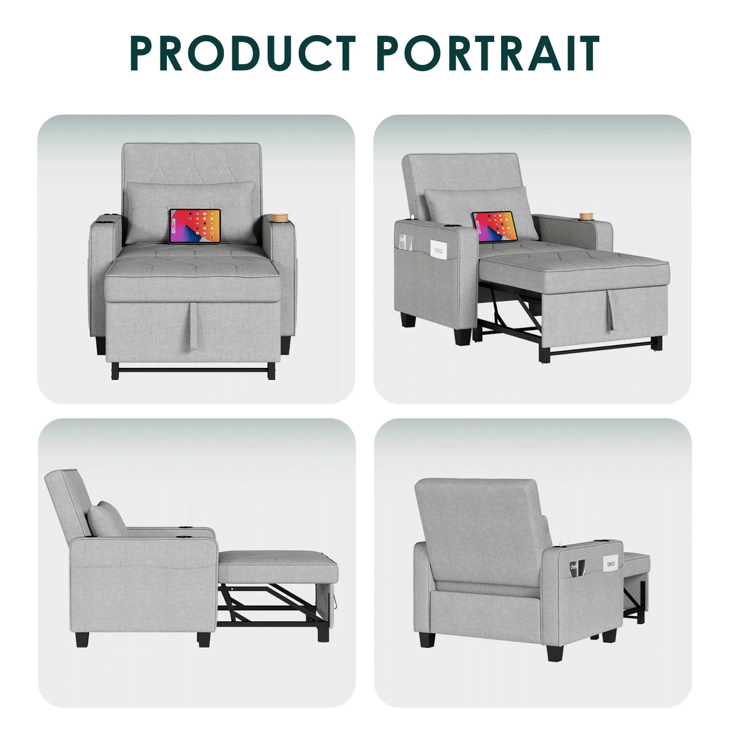 LAZZO 3-in-1 Linen Sleeper Chair Bed with USB Ports, Cup Holders & Pockets, Gray