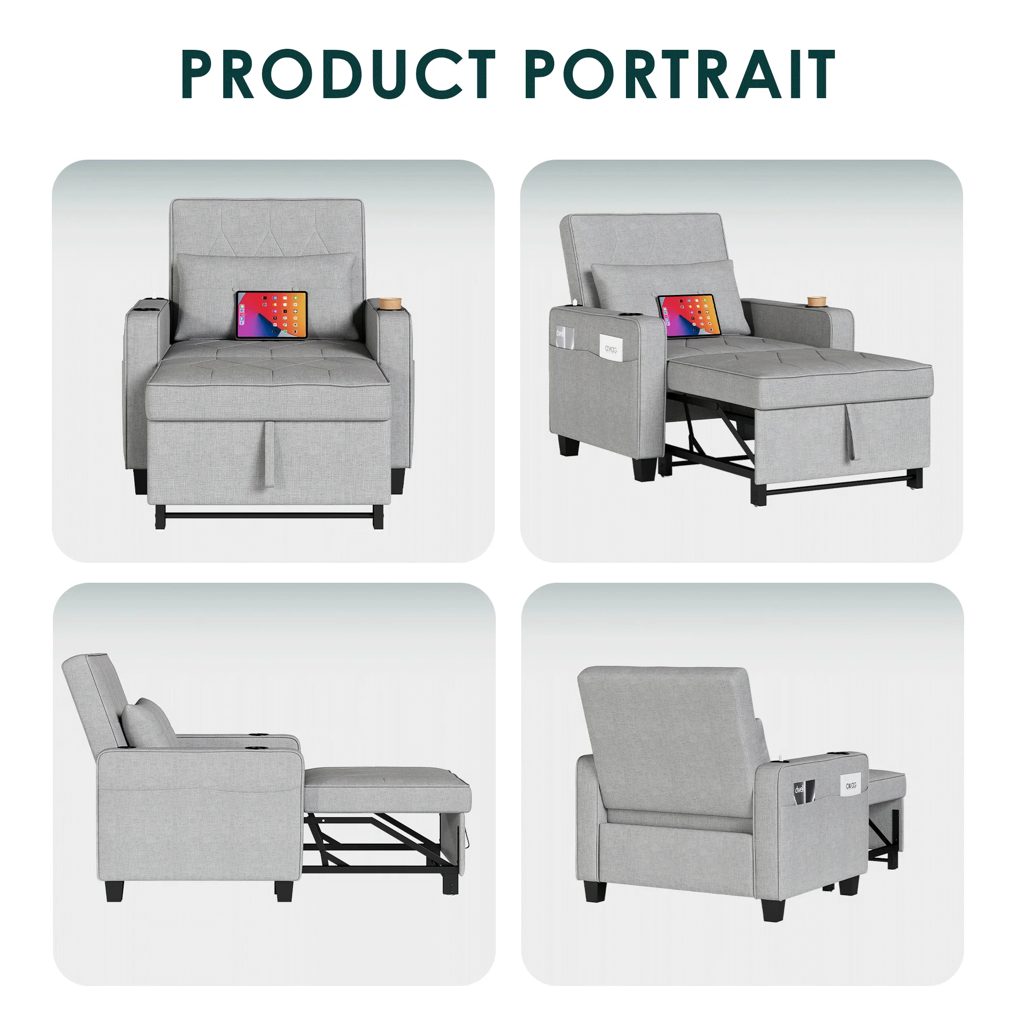 LAZZO 3-in-1 Linen Sleeper Chair Bed with USB Ports, Cup Holders & Pockets, Gray