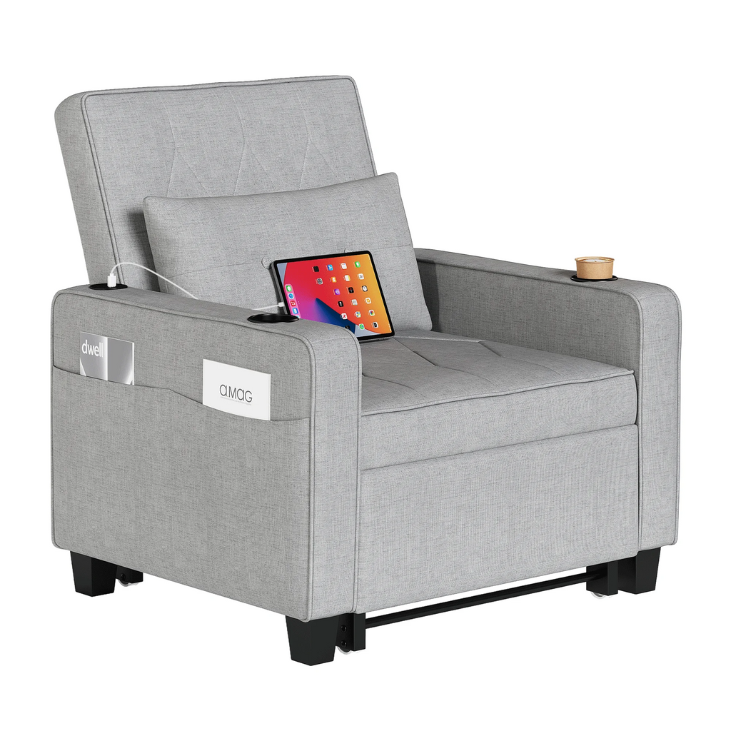 LAZZO 3-in-1 Linen Sleeper Chair Bed with USB Ports, Cup Holders & Pockets, Gray
