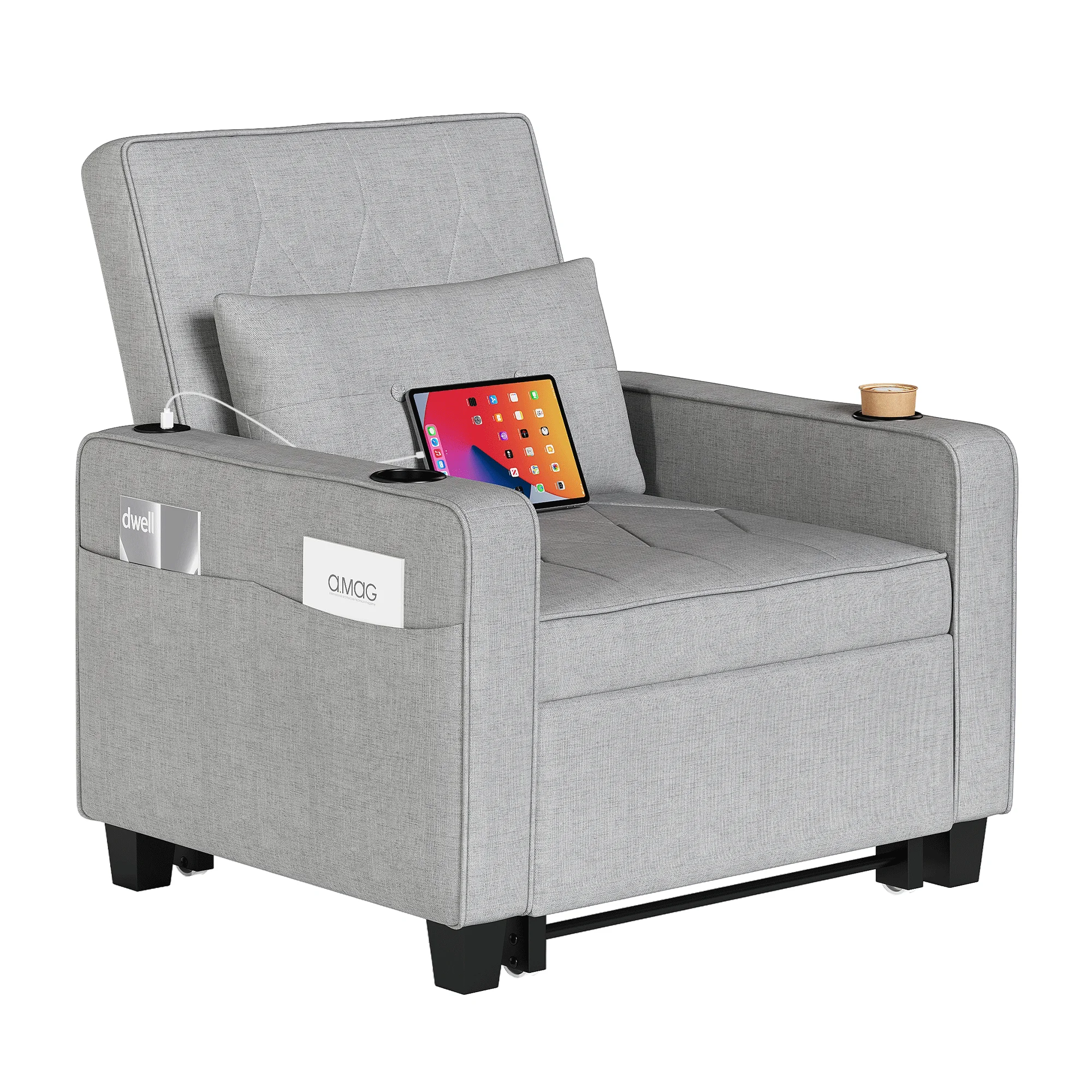 LAZZO 3-in-1 Linen Sleeper Chair Bed with USB Ports, Cup Holders & Pockets, Gray