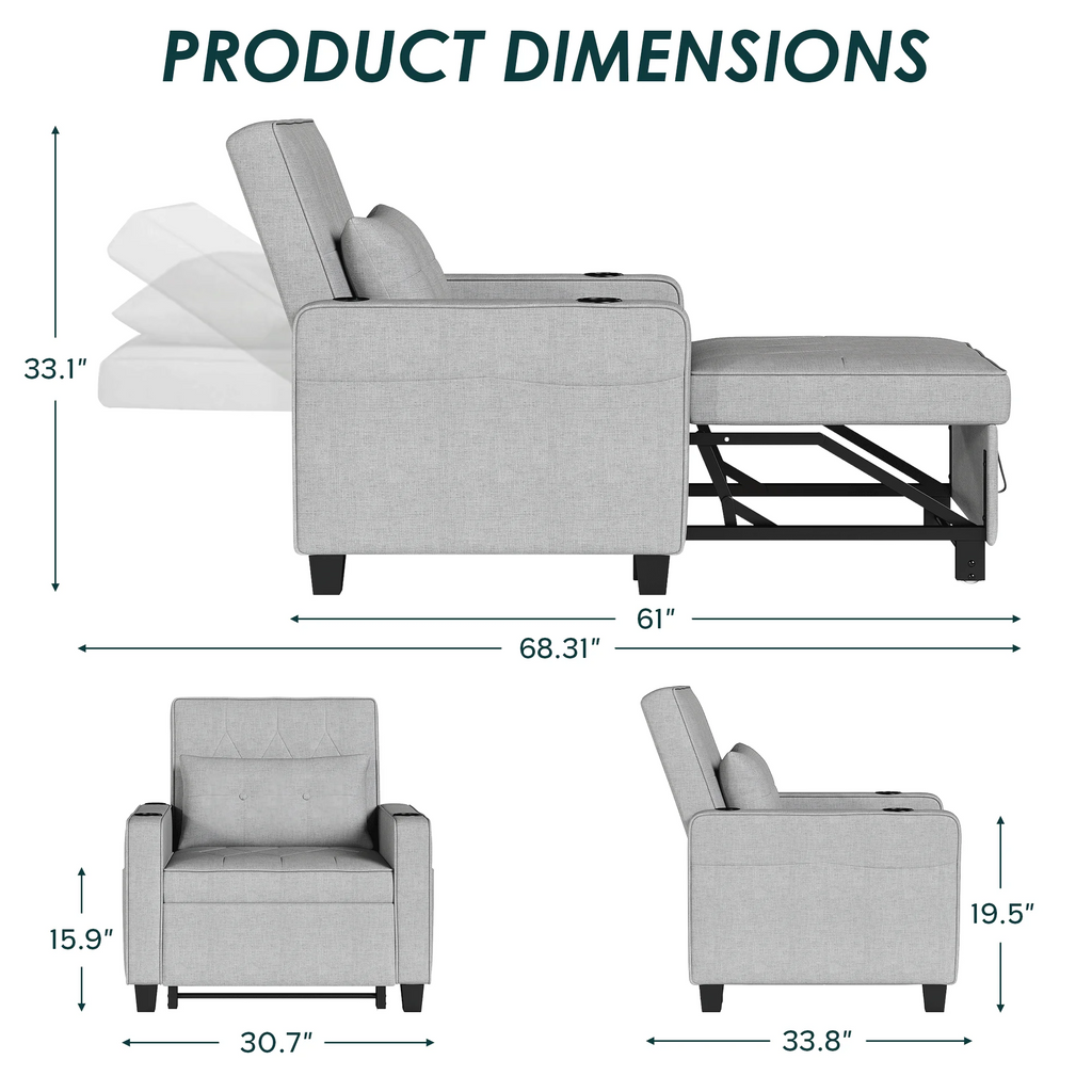 LAZZO 3-in-1 Linen Sleeper Chair Bed with USB Ports, Cup Holders & Pockets, Gray