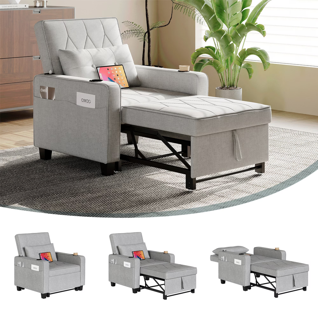 LAZZO 3-in-1 Linen Sleeper Chair Bed with USB Ports, Cup Holders & Pockets, Gray
