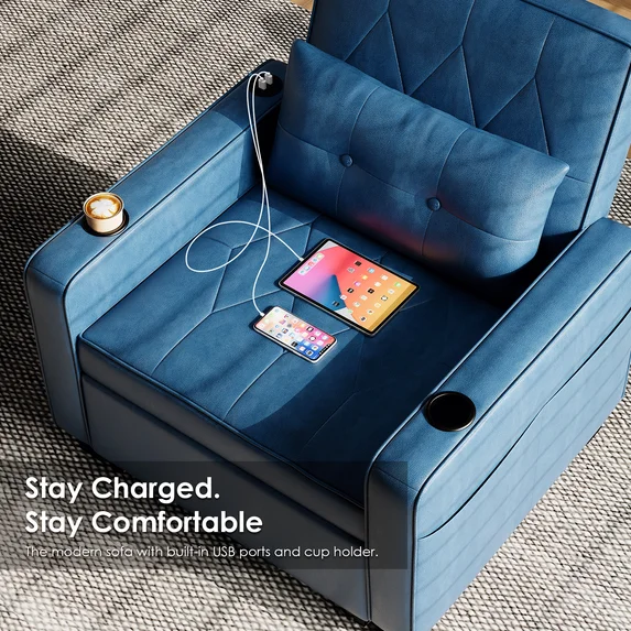 LAZZO 3-in-1 Leather Sleeper Chair Bed with USB Ports, Cup Holders & Pockets, Blue