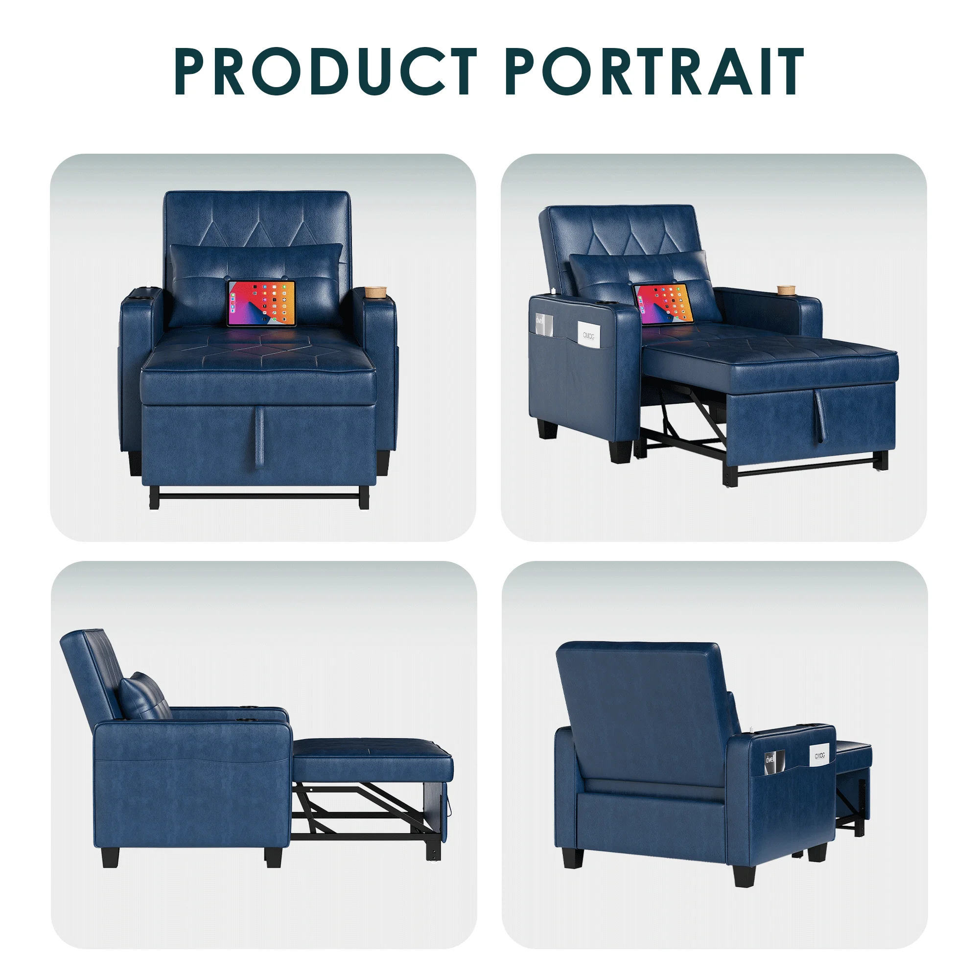 LAZZO 3-in-1 Leather Sleeper Chair Bed with USB Ports, Cup Holders & Pockets, Blue