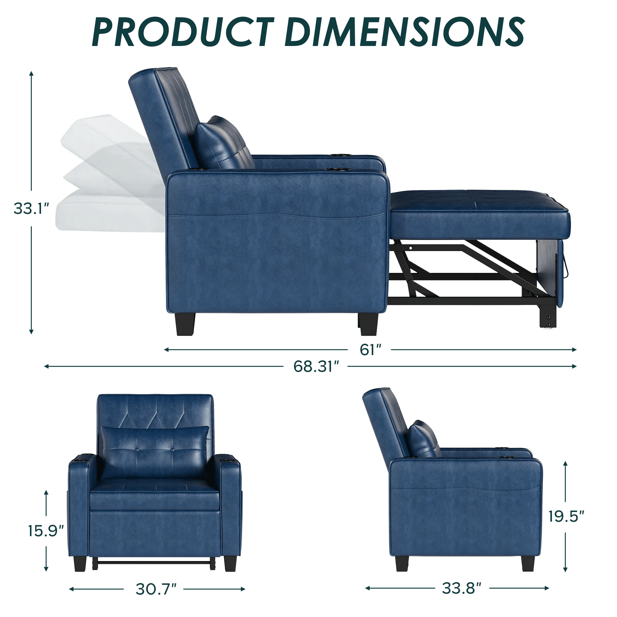 LAZZO 3-in-1 Leather Sleeper Chair Bed with USB Ports, Cup Holders & Pockets, Blue