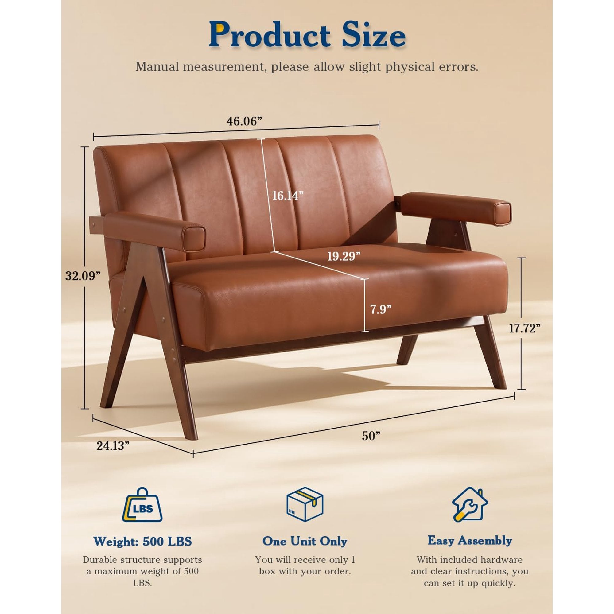 LAZZO 50" Faux Leather Loveseat, Small Comfy Couch Featuring Wooden Armrests, Ideal for Living Rooms & Offices, Brown