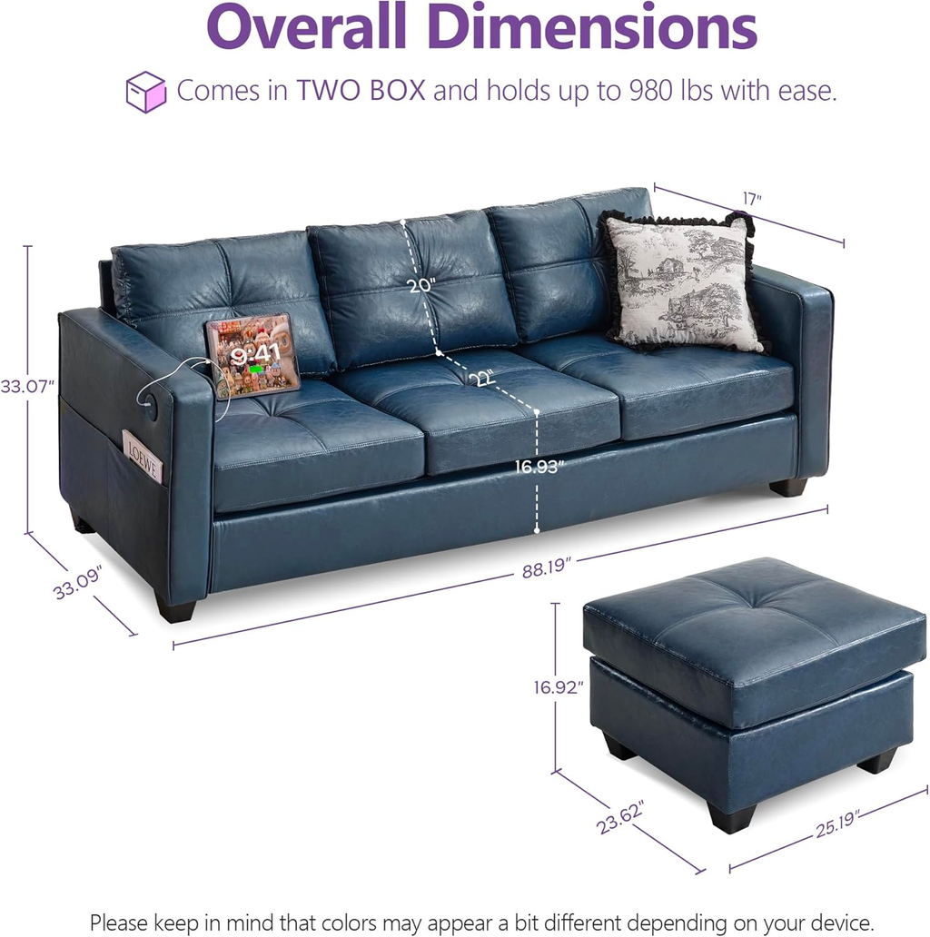 TYBOATLE 88" W Blue Faux Leather L Shaped Sectional Couches w/Side Pockets, Comfy Modular Convertible Sofas w/USB, Office Sofa Set with Chaise for Living Room, Bedroom (Blue, 3L)