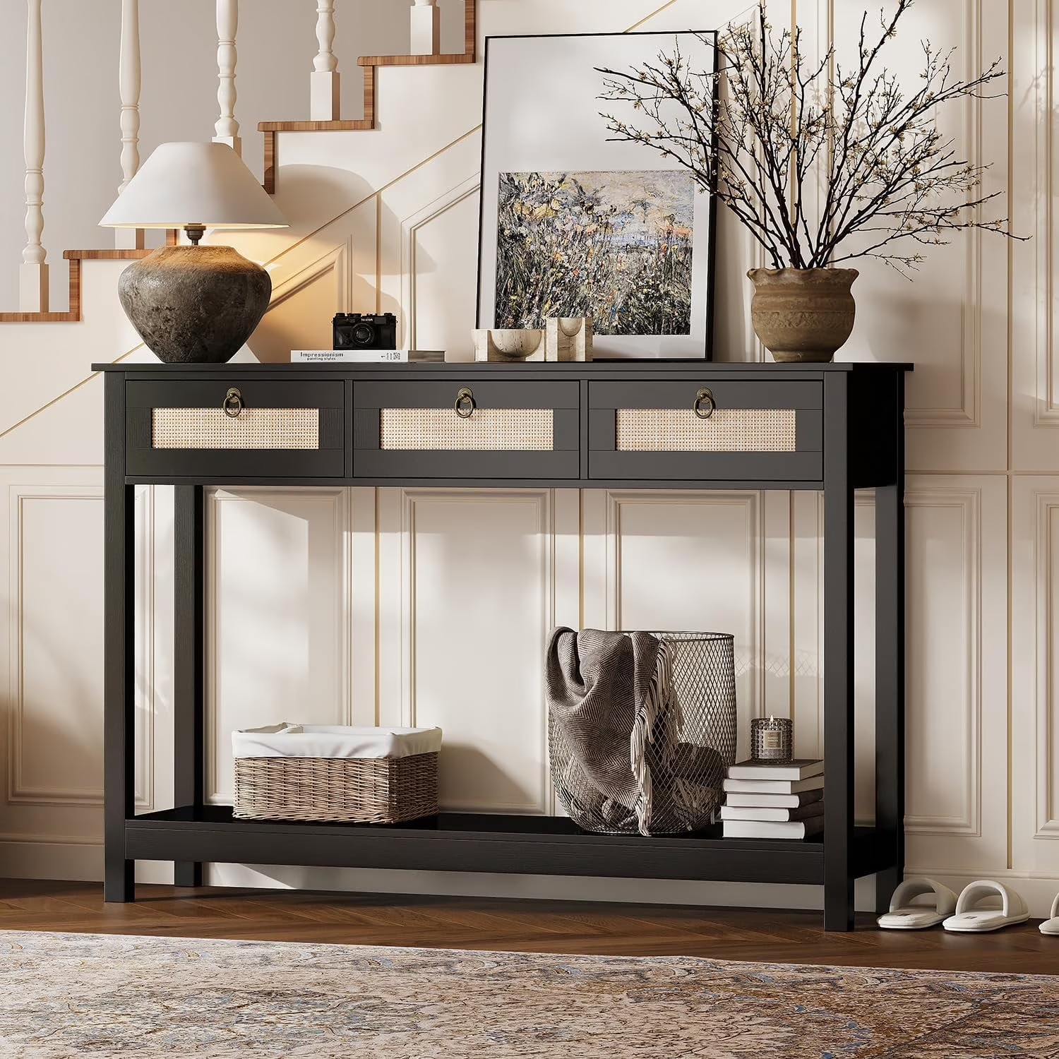 LAZZO 47" Boho Rattan Console Table, Narrow Entryway Table with 3 Drawers & Open Shelf, Balck