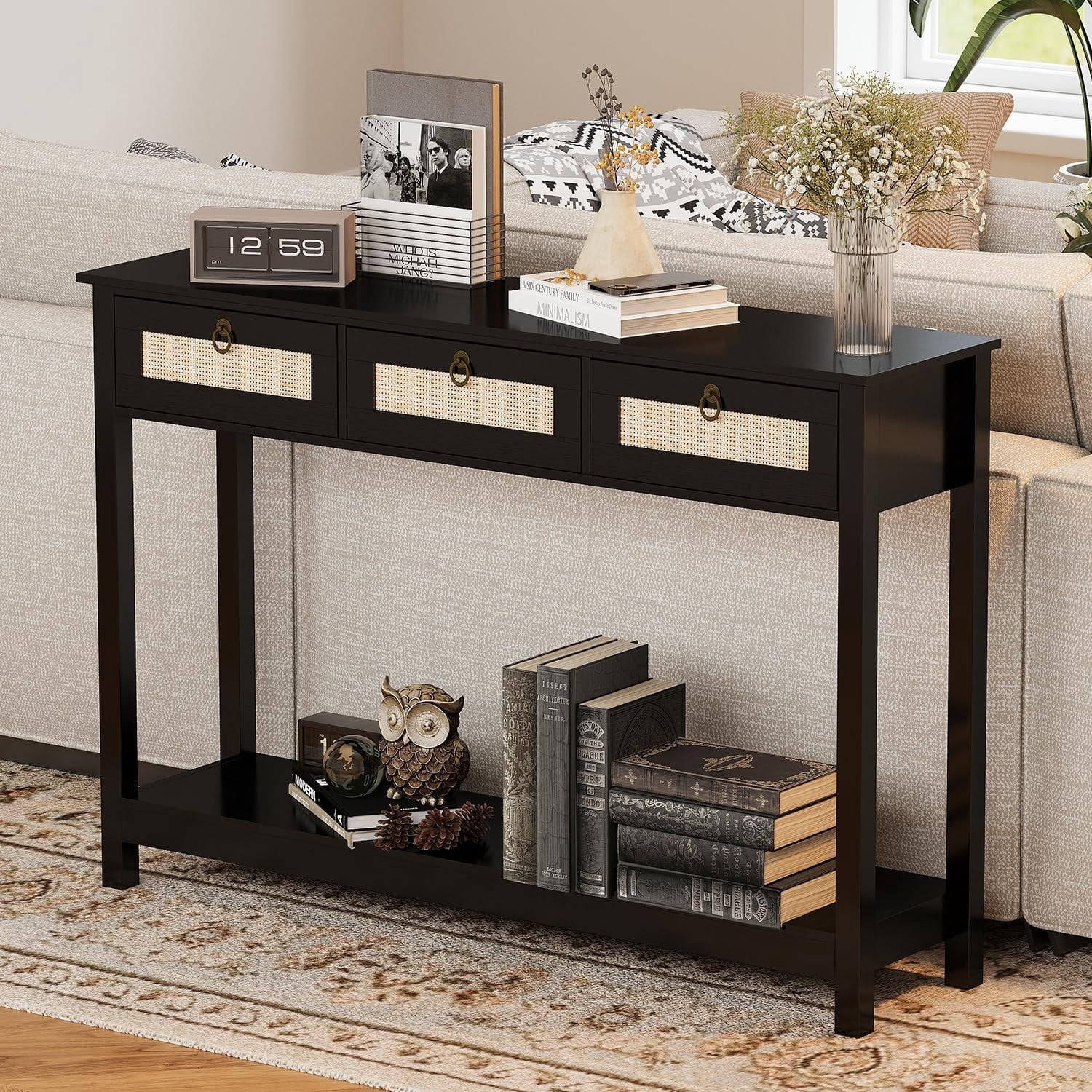 LAZZO 47" Boho Rattan Console Table, Narrow Entryway Table with 3 Drawers & Open Shelf, Balck