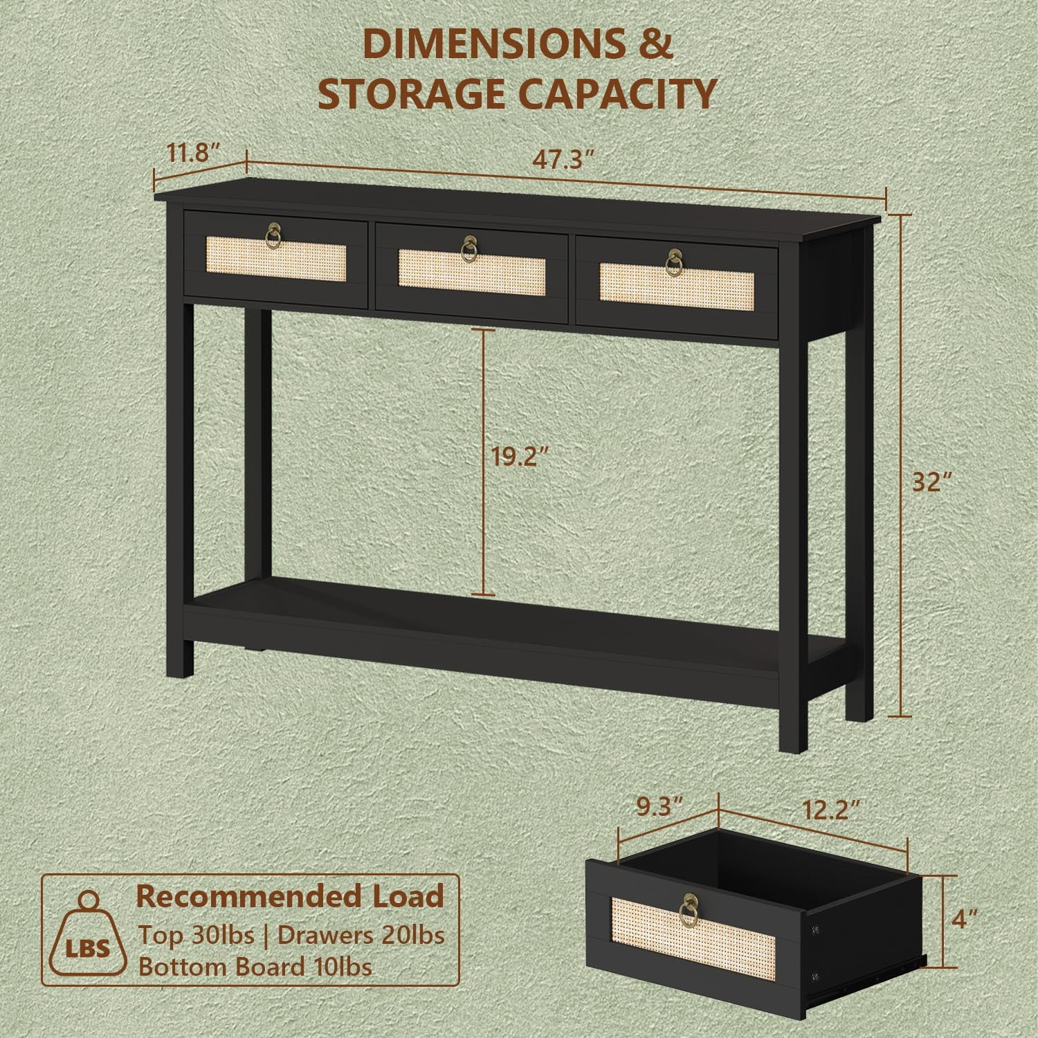 LAZZO 47" Boho Rattan Console Table, Narrow Entryway Table with 3 Drawers & Open Shelf, Balck