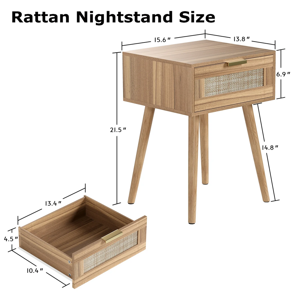 LAZZO Set of 2 Bedroom Nightstands, Wooden Bedside Tables with Rattan Weaving Drawers for Storage, Brown