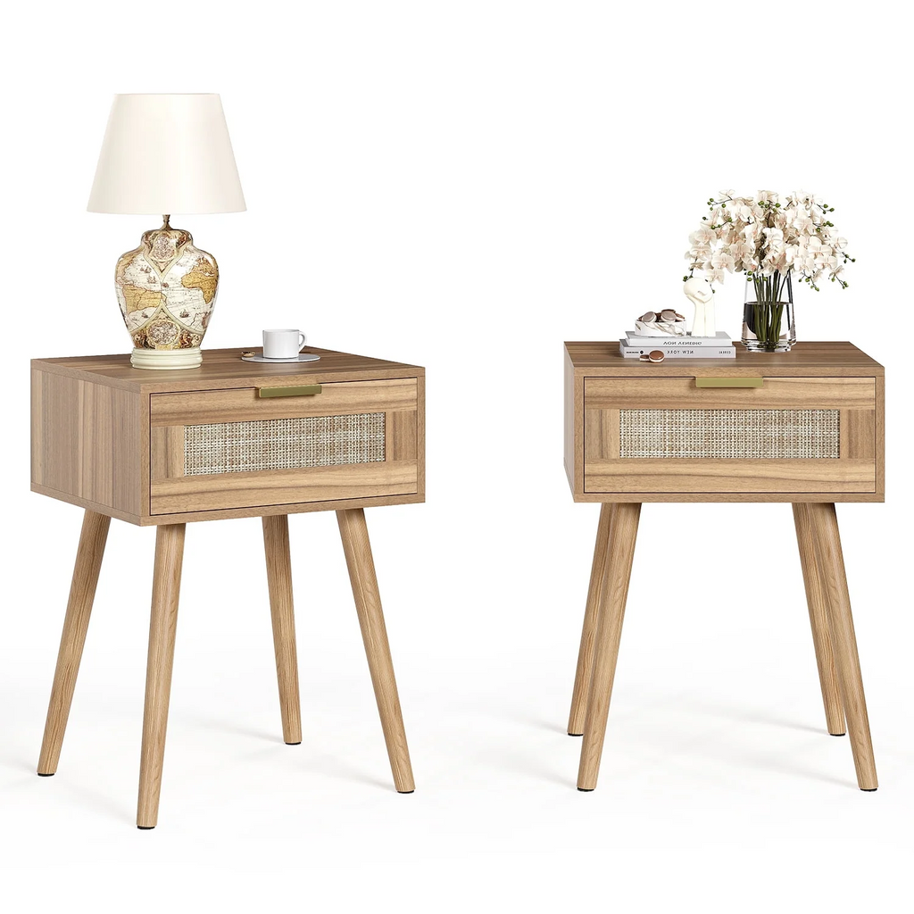 LAZZO Set of 2 Bedroom Nightstands, Wooden Bedside Tables with Rattan Weaving Drawers for Storage, Brown