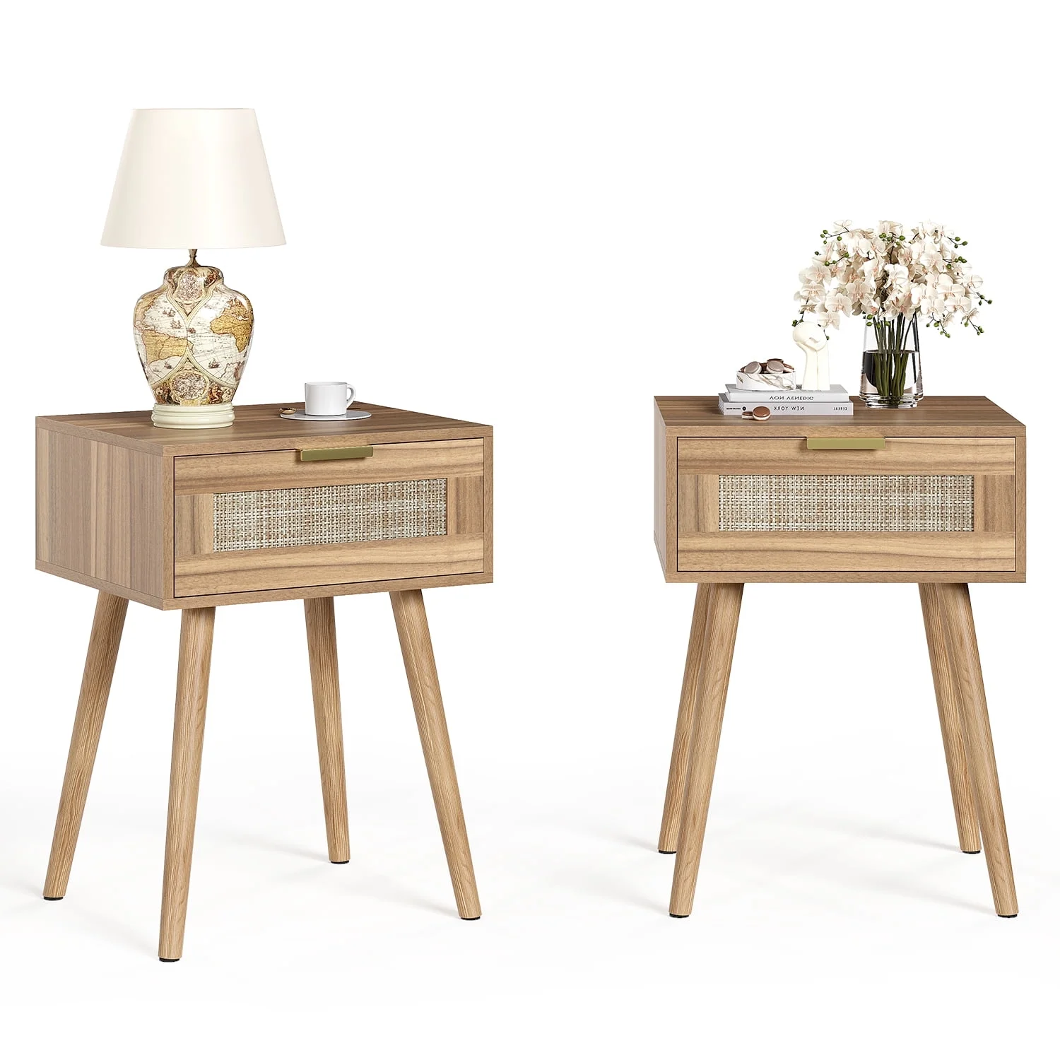 LAZZO Set of 2 Bedroom Nightstands, Wooden Bedside Tables with Rattan Weaving Drawers for Storage, Brown