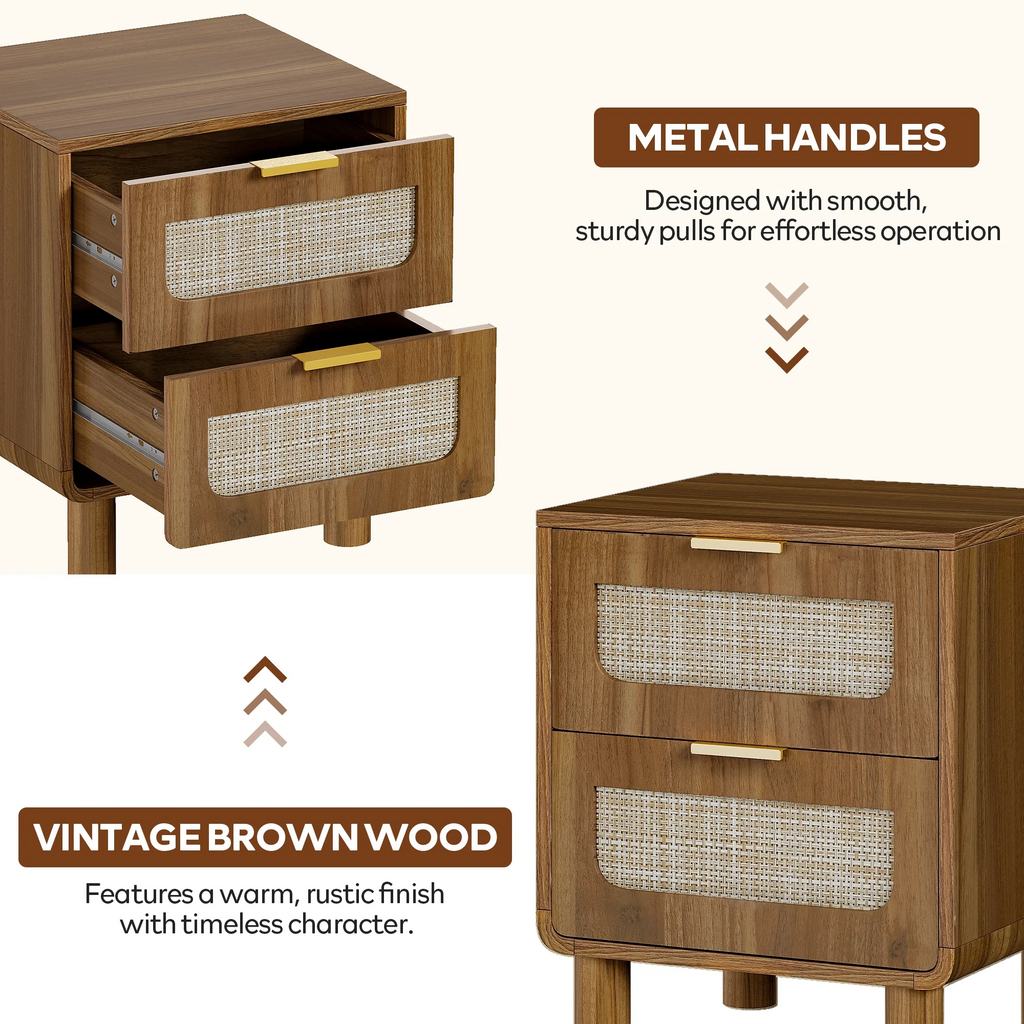 LAZZO Wooden Nightstands Set of 2 with Rattan Drawers, Bedroom Bedside End Tables, Brown