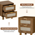 LAZZO Wooden Nightstands Set of 2 with Rattan Drawers, Bedroom Bedside End Tables, Brown