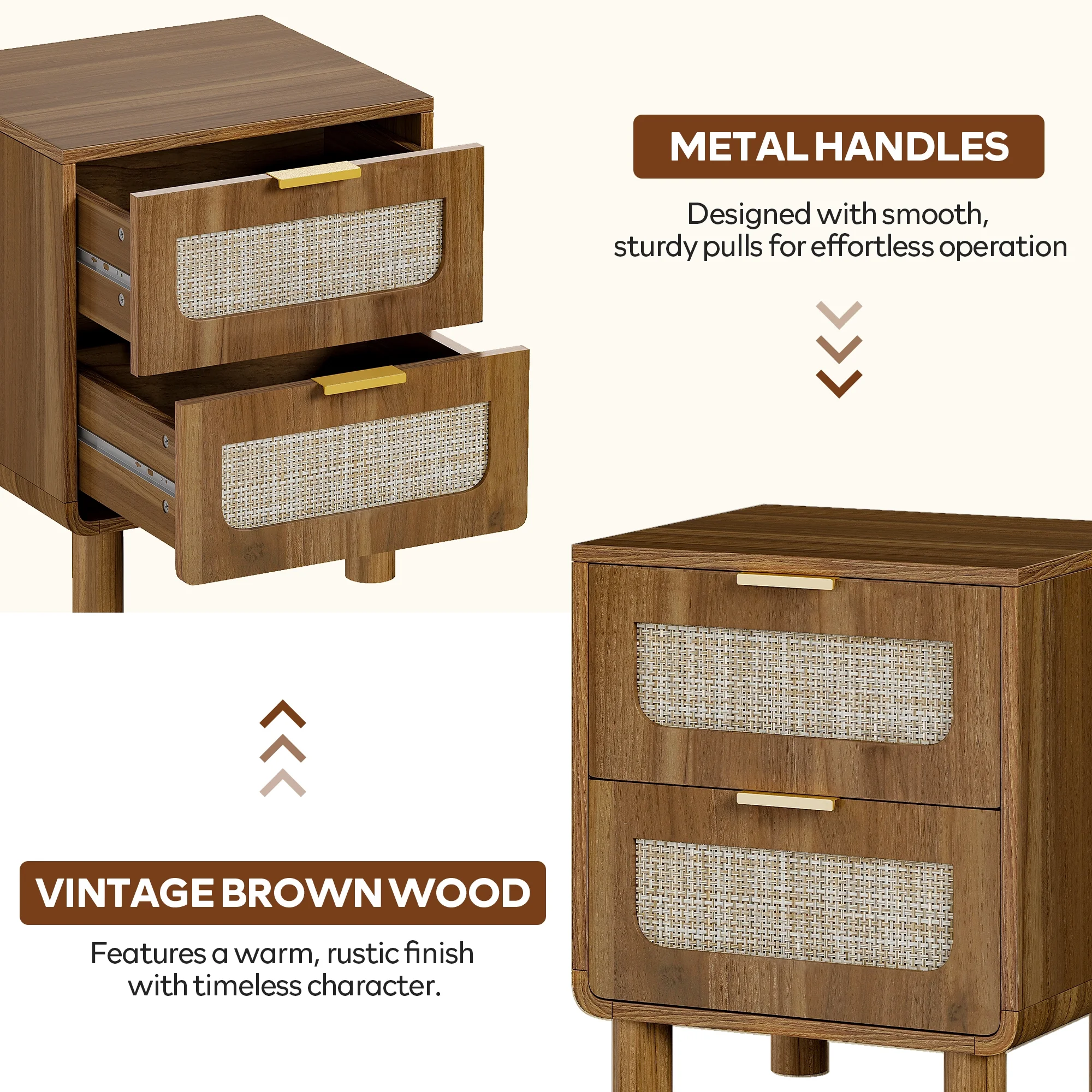 LAZZO Wooden Nightstands Set of 2 with Rattan Drawers, Bedroom Bedside End Tables, Brown