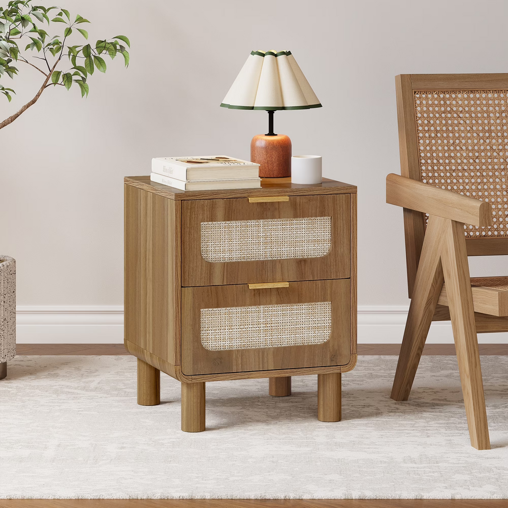 LAZZO Wooden Nightstands Set of 2 with Rattan Drawers, Bedroom Bedside End Tables, Brown