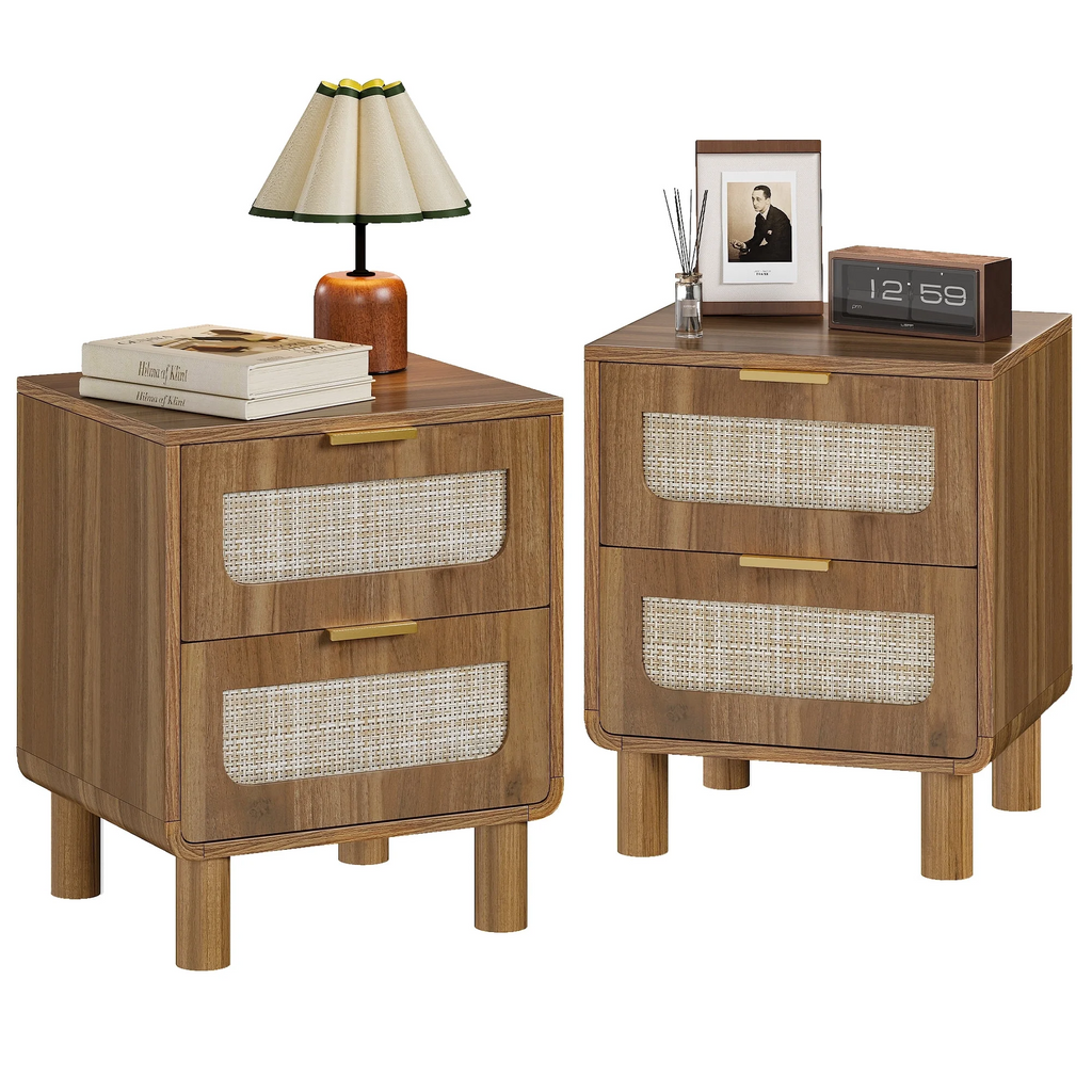 LAZZO Wooden Nightstands Set of 2 with Rattan Drawers, Bedroom Bedside End Tables, Brown