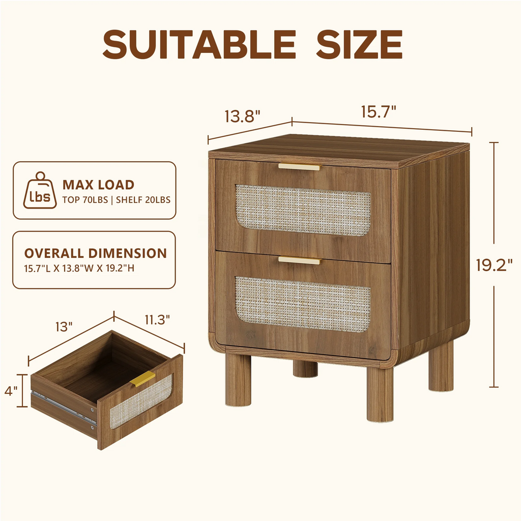 LAZZO Wooden Nightstands Set of 2 with Rattan Drawers, Bedroom Bedside End Tables, Brown