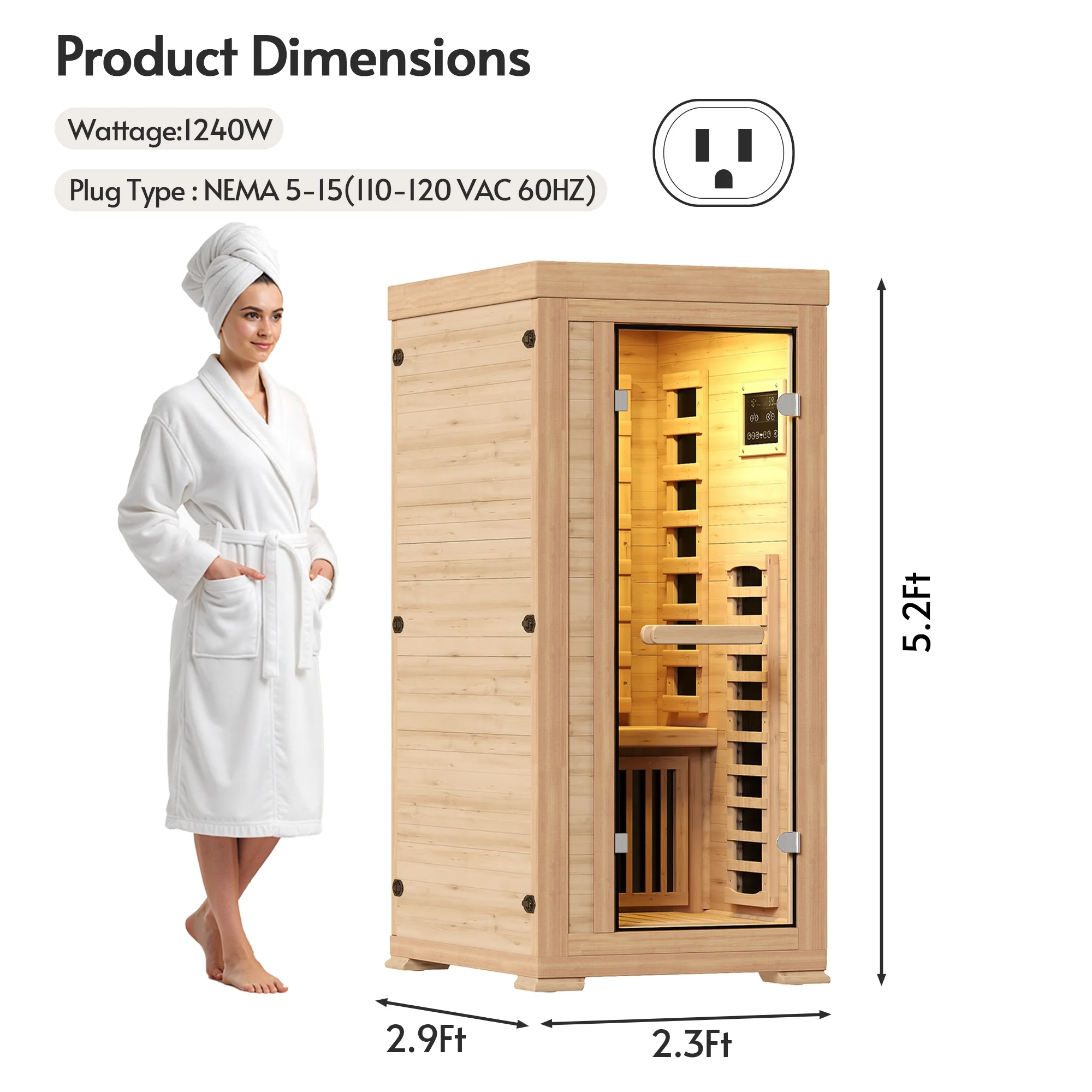 LAZZO 5.2Ft 1-Person Infrared Sauna, Canadian Hemlock Indoor Dry Sauna, 7 Color Full Spectrum, 1240W 20Min Fast Heating with Music Speakers for Home & Gym