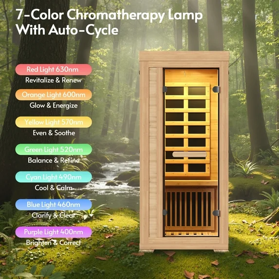 LAZZO 5.2Ft 1-Person Infrared Sauna, Canadian Hemlock Indoor Dry Sauna, 7 Color Full Spectrum, 1240W 20Min Fast Heating with Music Speakers for Home & Gym