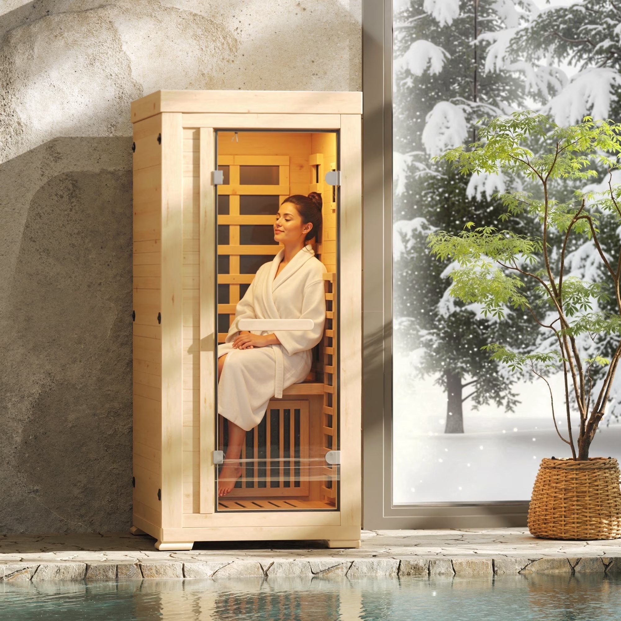 LAZZO 5.2Ft 1-Person Infrared Sauna, Canadian Hemlock Indoor Dry Sauna, 7 Color Full Spectrum, 1240W 20Min Fast Heating with Music Speakers for Home & Gym