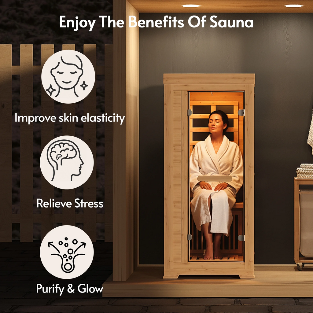 LAZZO 5.2Ft 1-Person Infrared Sauna, Canadian Hemlock Indoor Dry Sauna, 7 Color Full Spectrum, 1240W 20Min Fast Heating with Music Speakers for Home & Gym