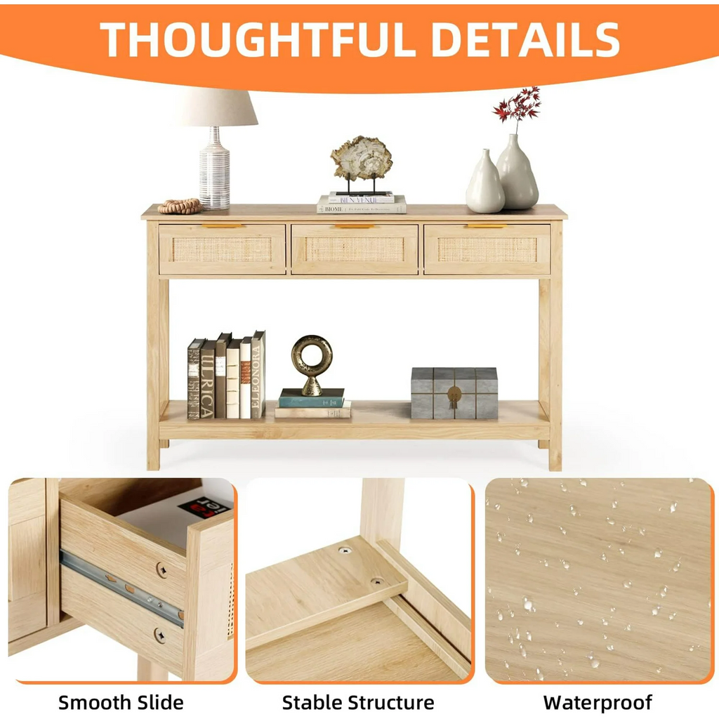 LAZZO 51“ Boho Rattan Console Table, Narrow Entryway Table with 3 Drawers & Open Shelf, Natural Wood Color