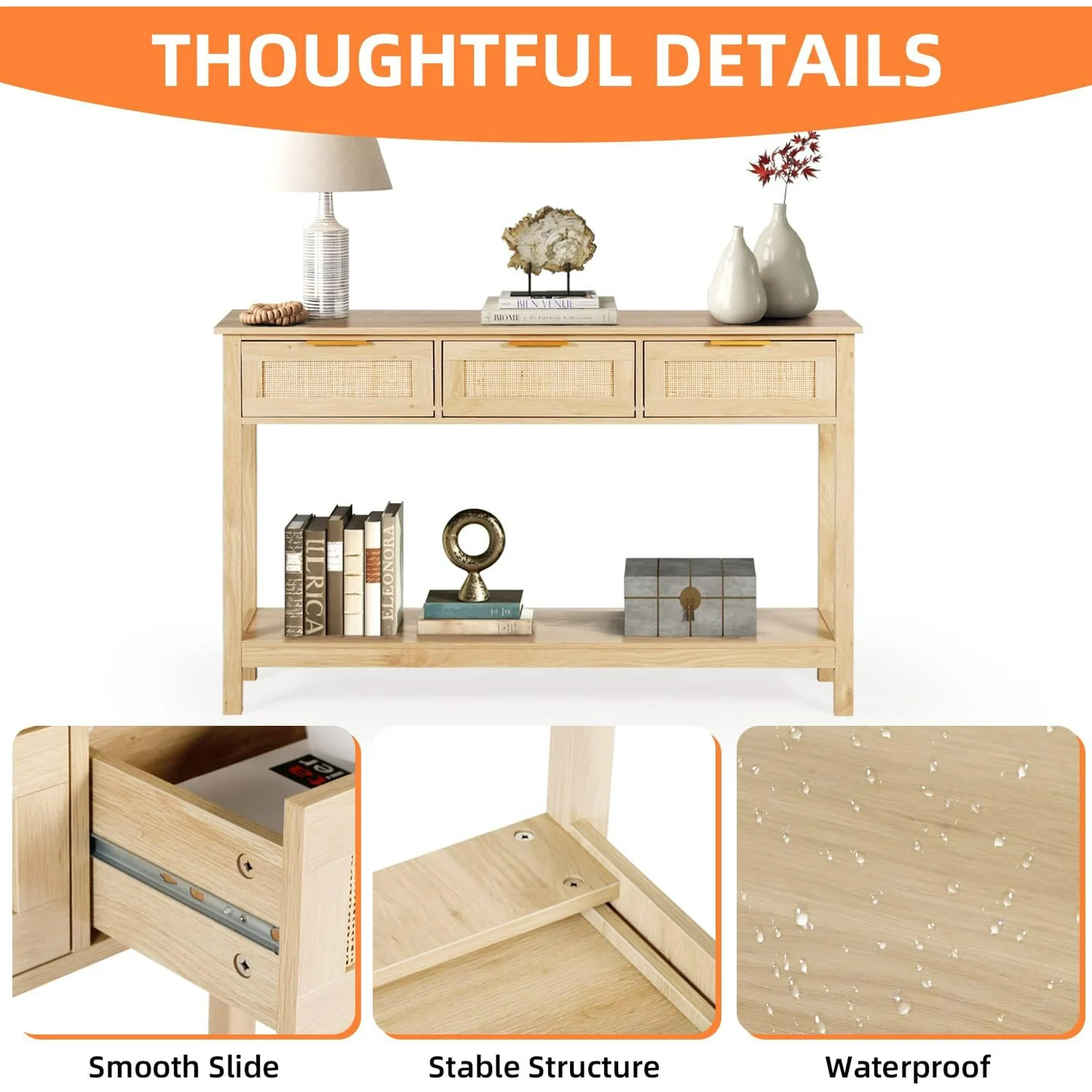 LAZZO 51“ Boho Rattan Console Table, Narrow Entryway Table with 3 Drawers & Open Shelf, Natural Wood Color