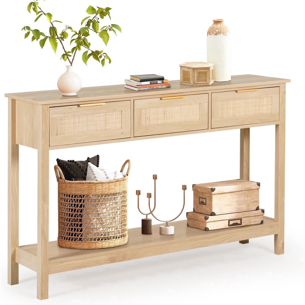 LAZZO 51“ Boho Rattan Console Table, Narrow Entryway Table with 3 Drawers & Open Shelf, Natural Wood Color