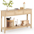 LAZZO 51“ Boho Rattan Console Table, Narrow Entryway Table with 3 Drawers & Open Shelf, Natural Wood Color