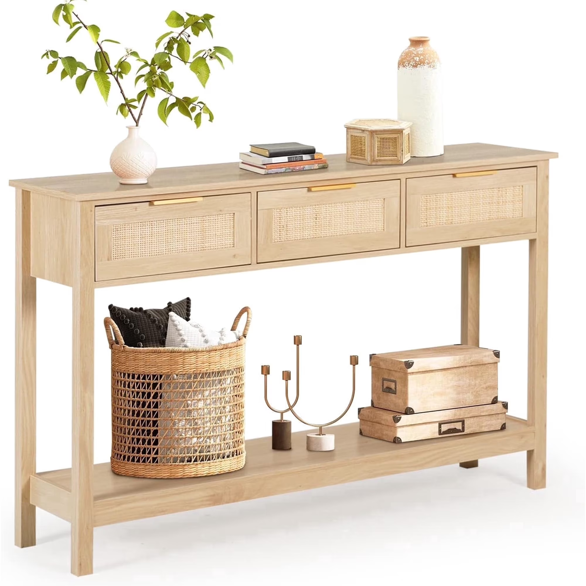 LAZZO 51“ Boho Rattan Console Table, Narrow Entryway Table with 3 Drawers & Open Shelf, Natural Wood Color