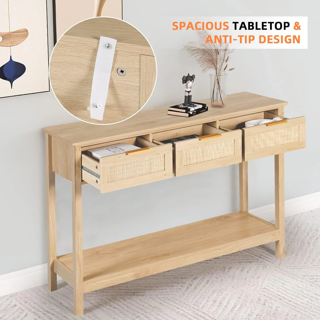 LAZZO 51“ Boho Rattan Console Table, Narrow Entryway Table with 3 Drawers & Open Shelf, Natural Wood Color