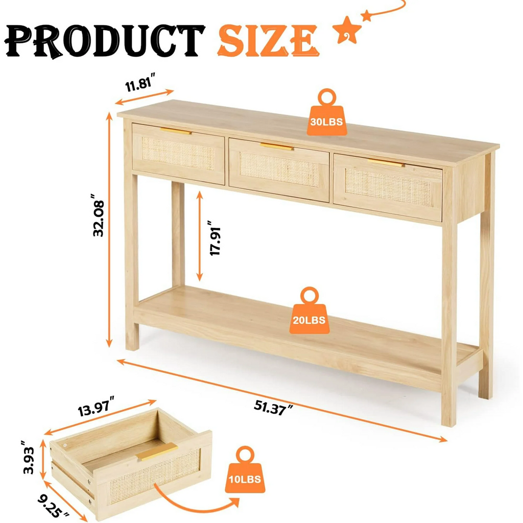 LAZZO 51“ Boho Rattan Console Table, Narrow Entryway Table with 3 Drawers & Open Shelf, Natural Wood Color