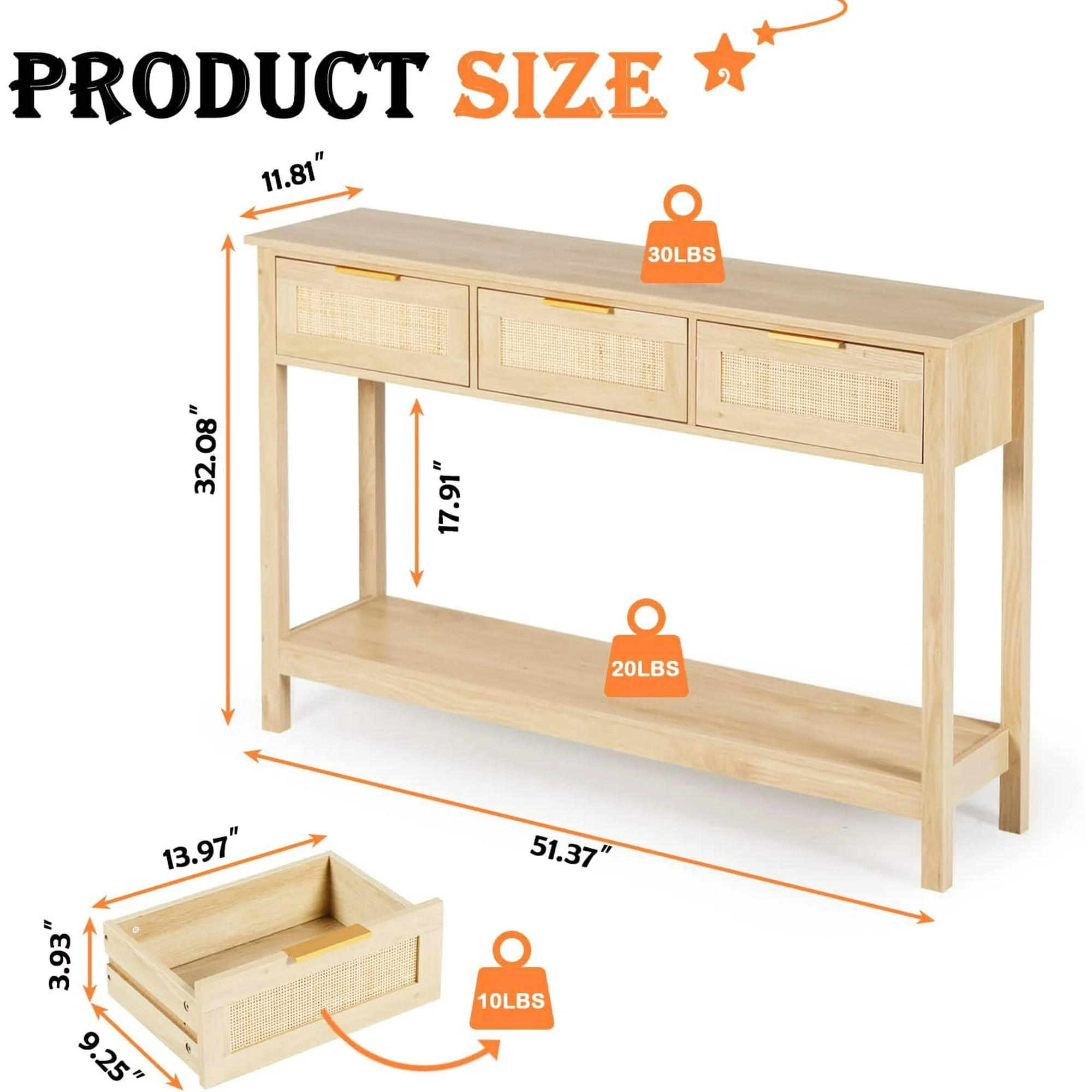 LAZZO 51“ Boho Rattan Console Table, Narrow Entryway Table with 3 Drawers & Open Shelf, Natural Wood Color