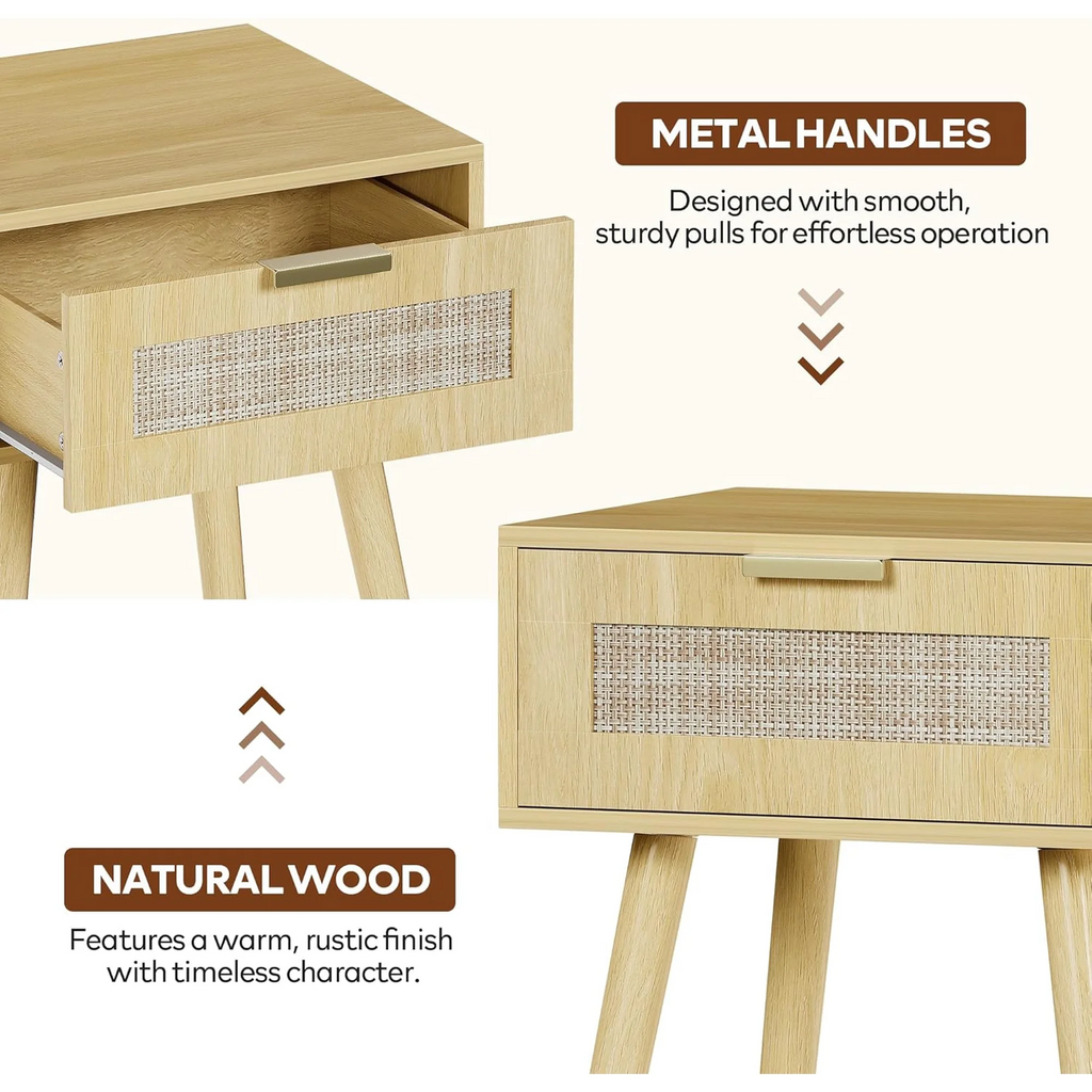 LAZZO Set of 2 Bedroom Nightstands, Wooden Bedside Tables with Rattan Weaving Drawers for Storage, Natural Wood Color