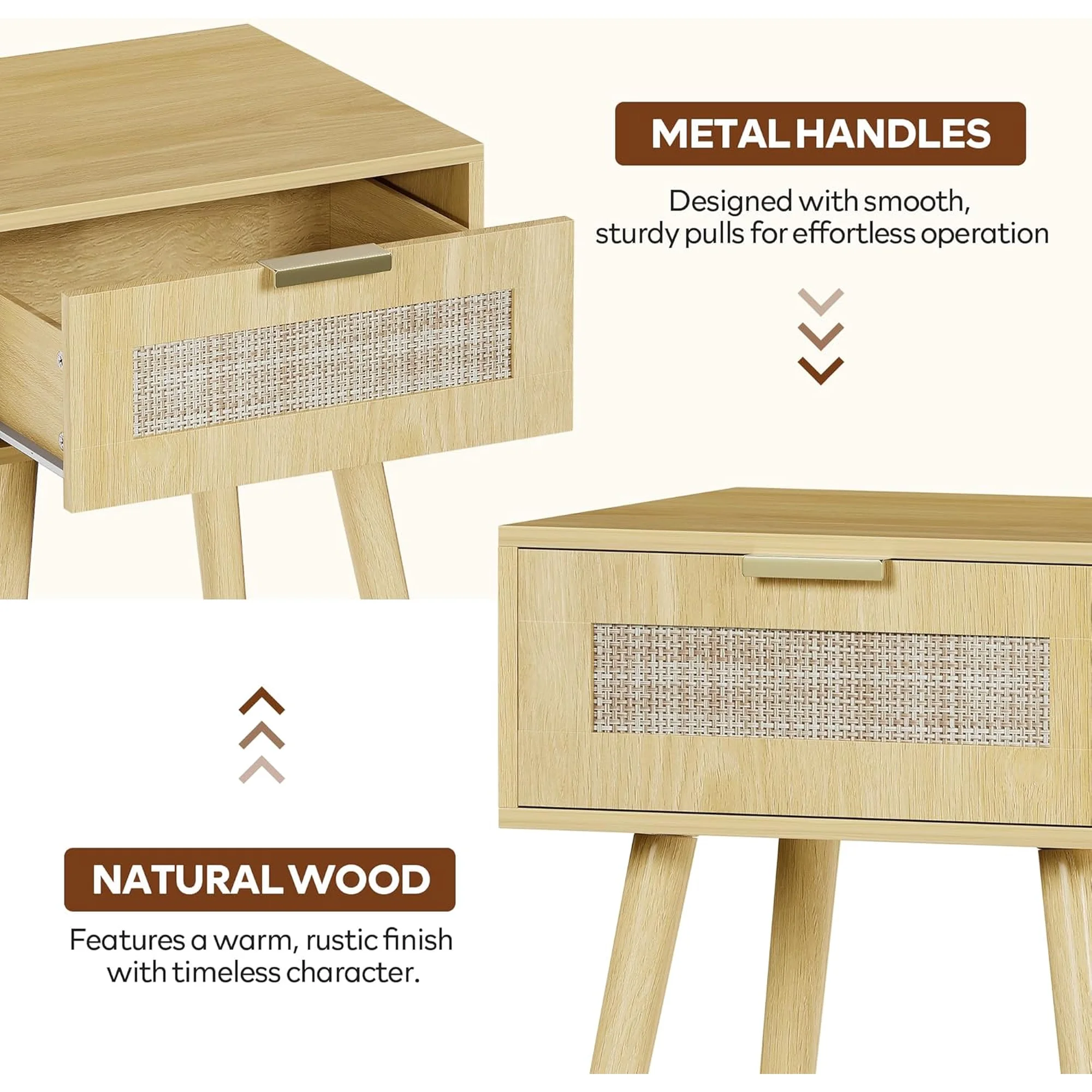 LAZZO Set of 2 Bedroom Nightstands, Wooden Bedside Tables with Rattan Weaving Drawers for Storage, Natural Wood Color