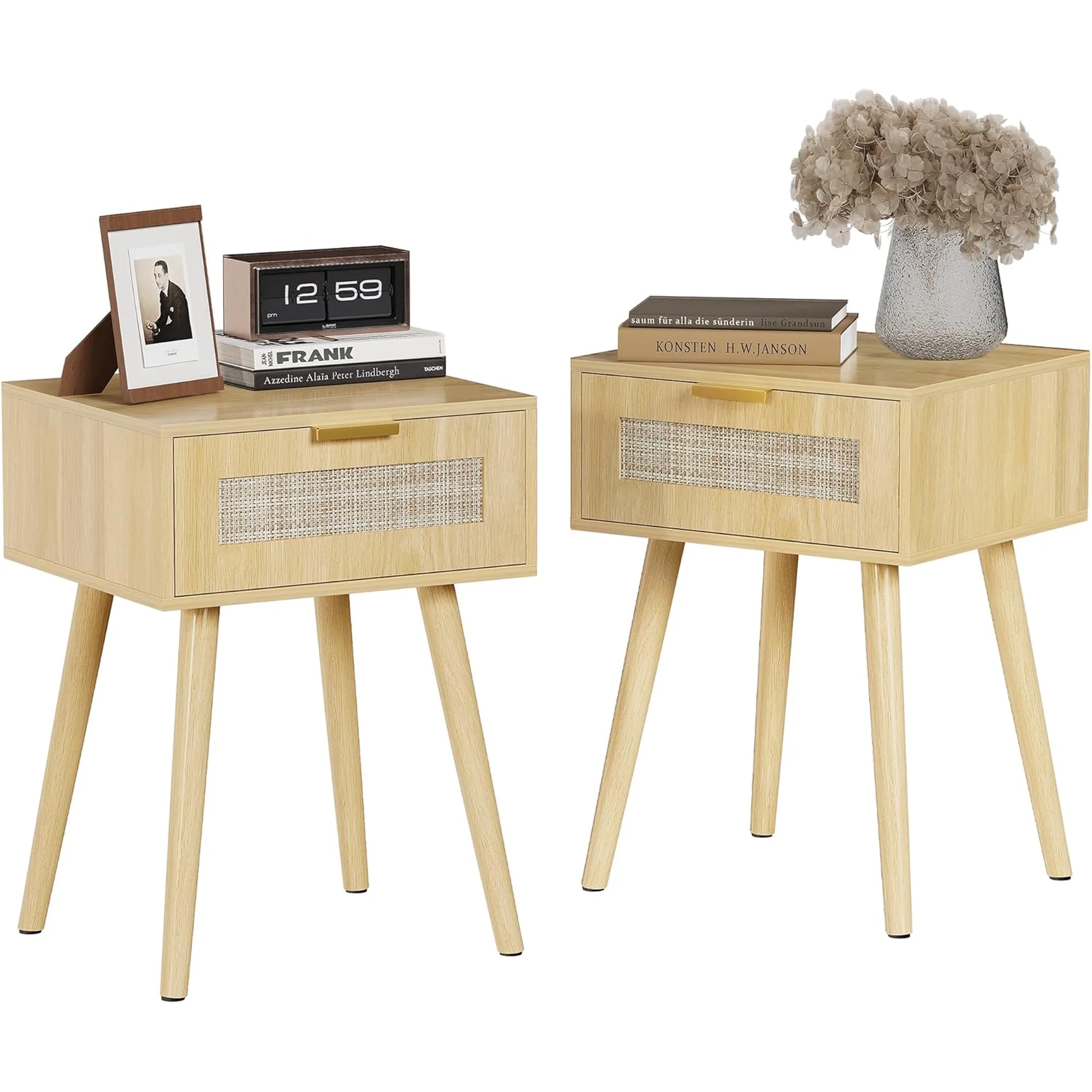 LAZZO Set of 2 Bedroom Nightstands, Wooden Bedside Tables with Rattan Weaving Drawers for Storage, Natural Wood Color