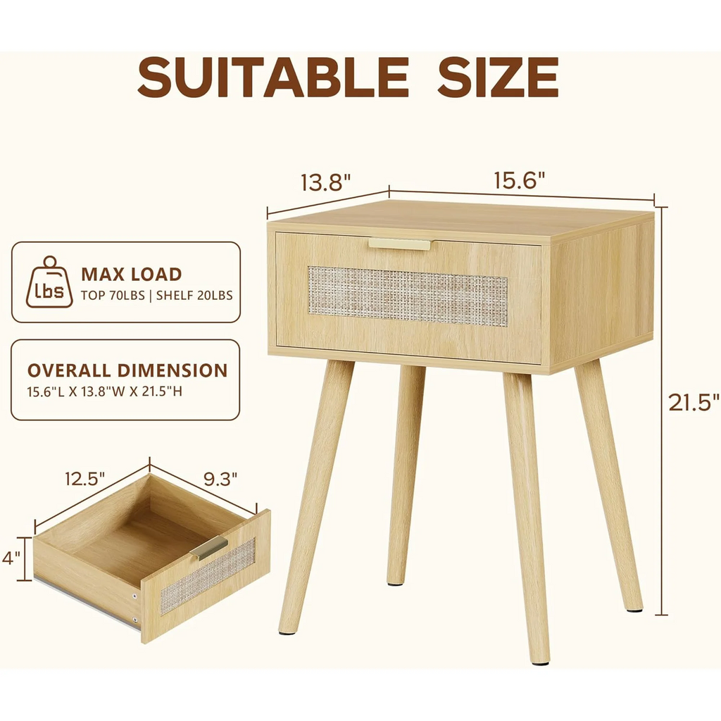 LAZZO Set of 2 Bedroom Nightstands, Wooden Bedside Tables with Rattan Weaving Drawers for Storage, Natural Wood Color