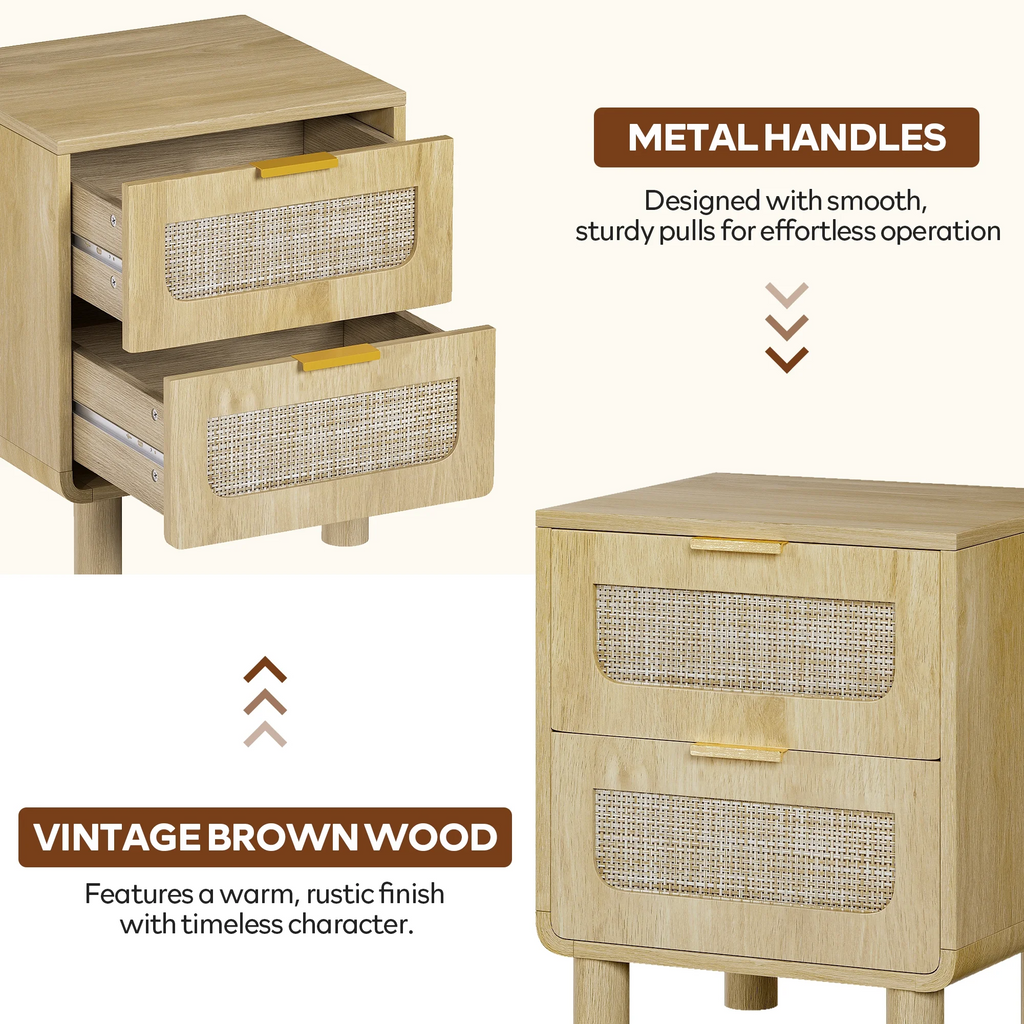 LAZZO Wooden Nightstands Set of 2 with Rattan Drawers, Bedroom Bedside End Tables, Natural Wood Color