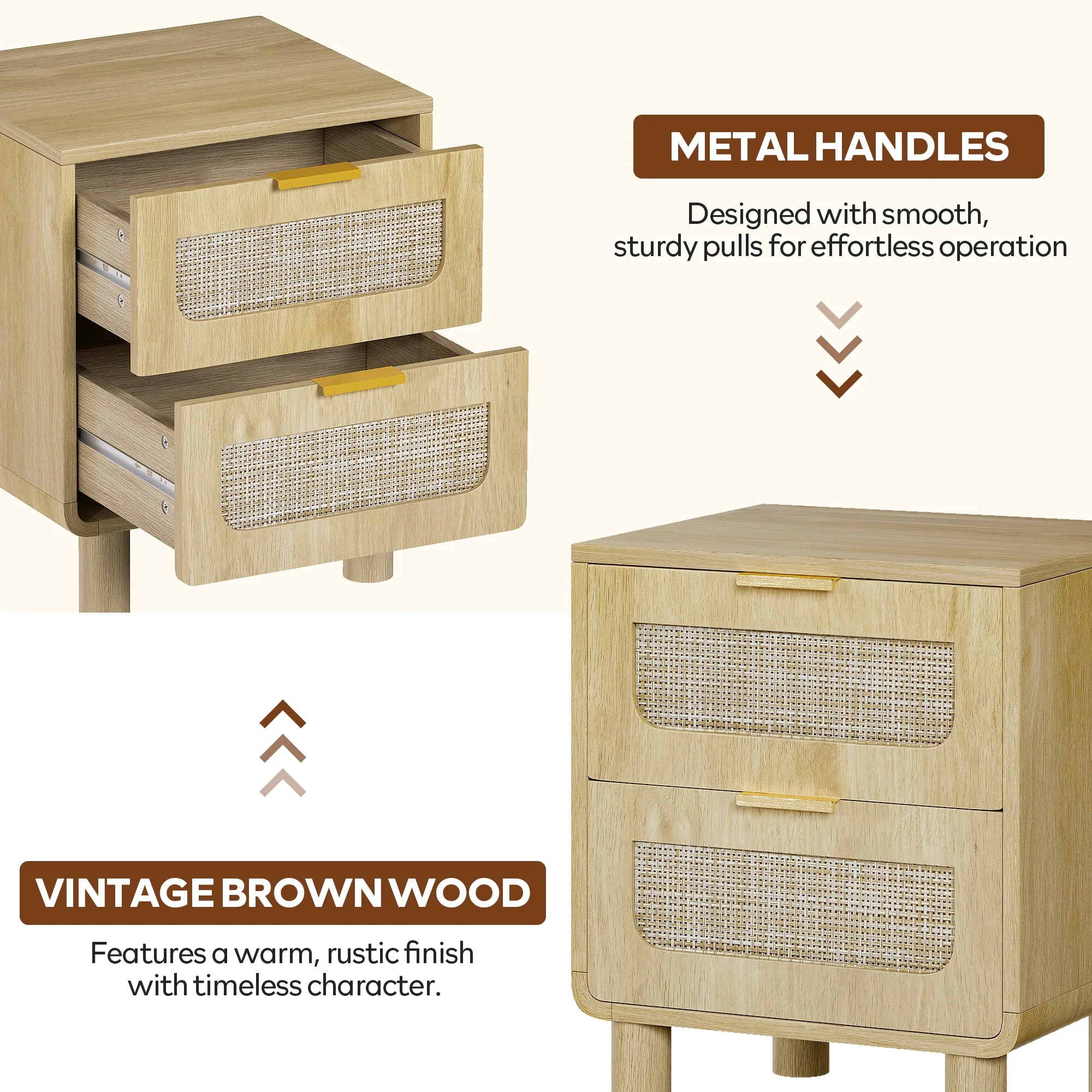 LAZZO Wooden Nightstands Set of 2 with Rattan Drawers, Bedroom Bedside End Tables, Natural Wood Color