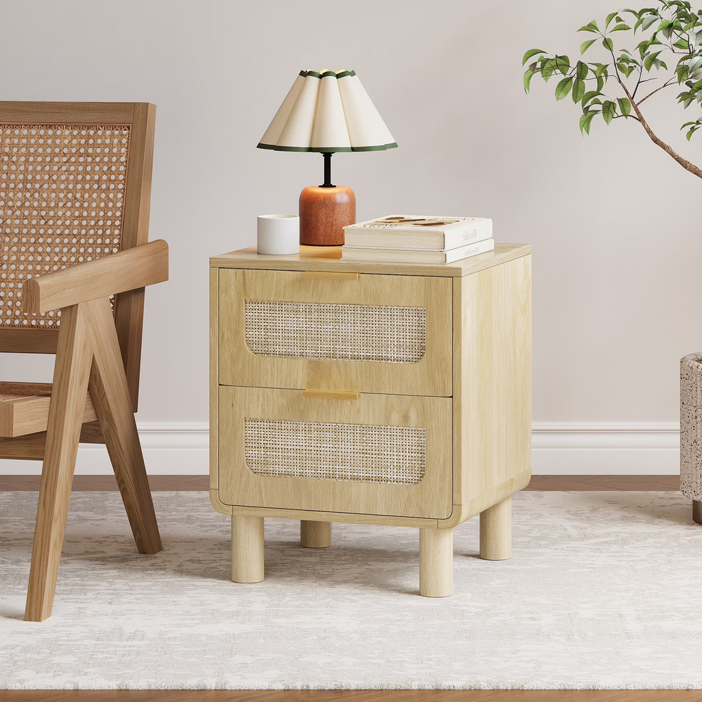 LAZZO Wooden Nightstands Set of 2 with Rattan Drawers, Bedroom Bedside End Tables, Natural Wood Color