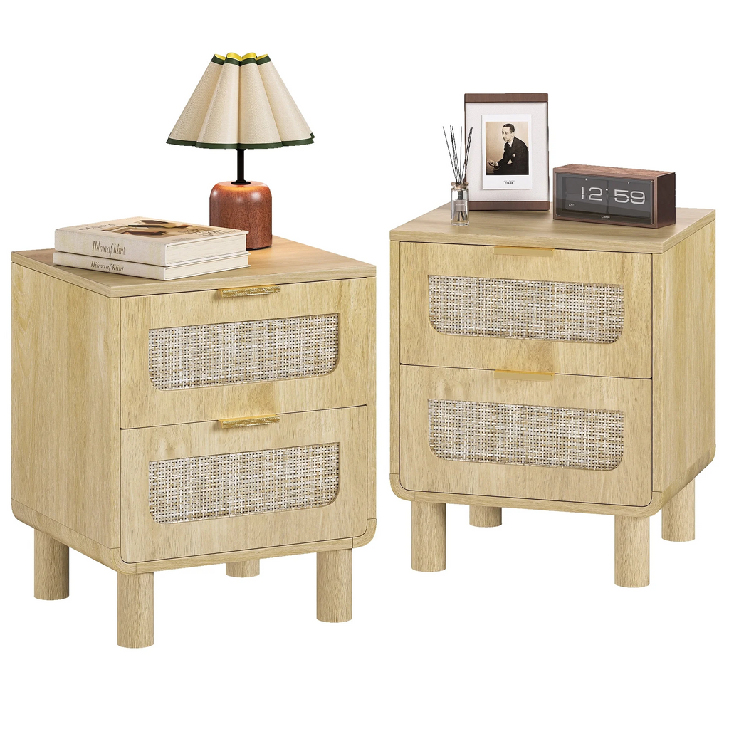 LAZZO Wooden Nightstands Set of 2 with Rattan Drawers, Bedroom Bedside End Tables, Natural Wood Color