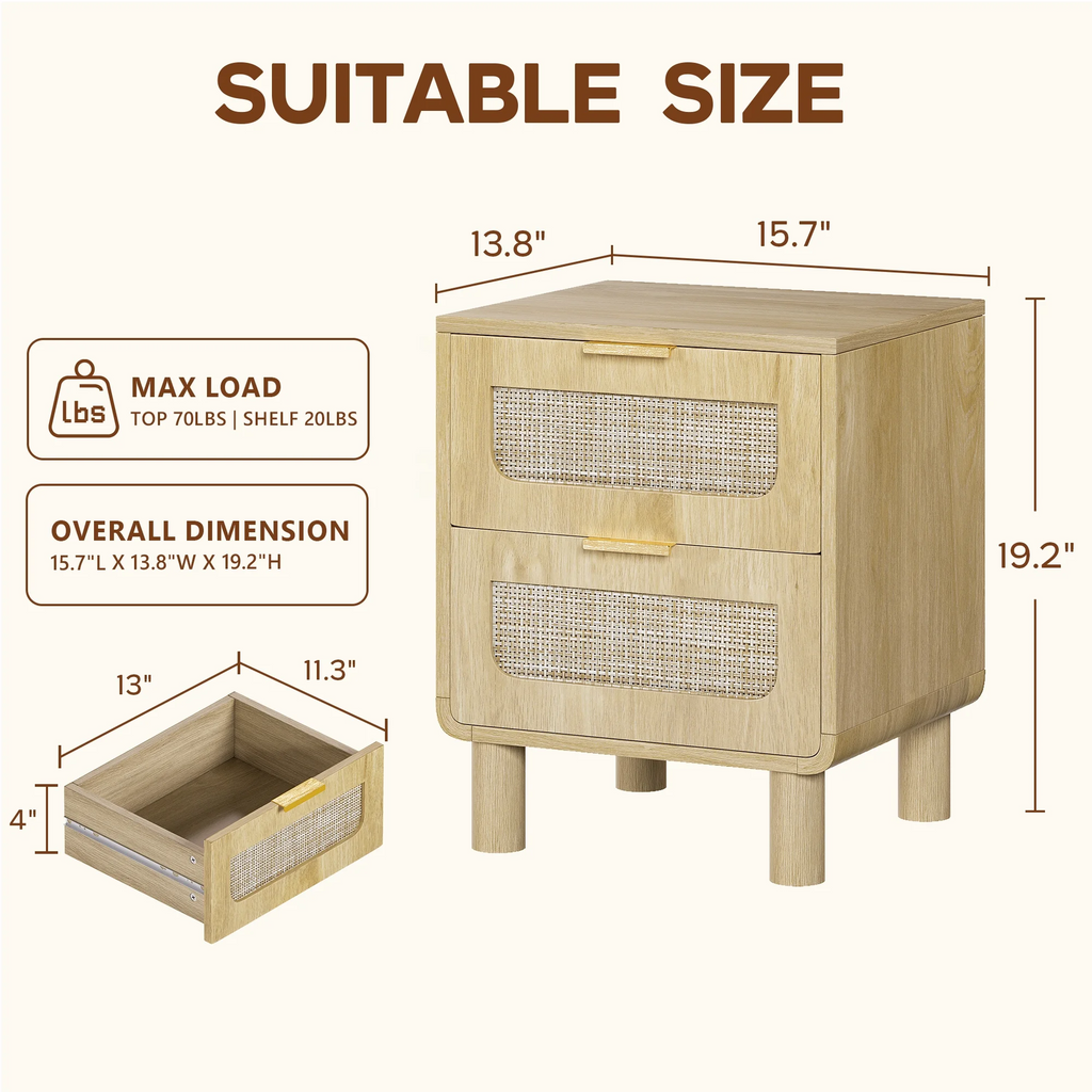 LAZZO Wooden Nightstands Set of 2 with Rattan Drawers, Bedroom Bedside End Tables, Natural Wood Color
