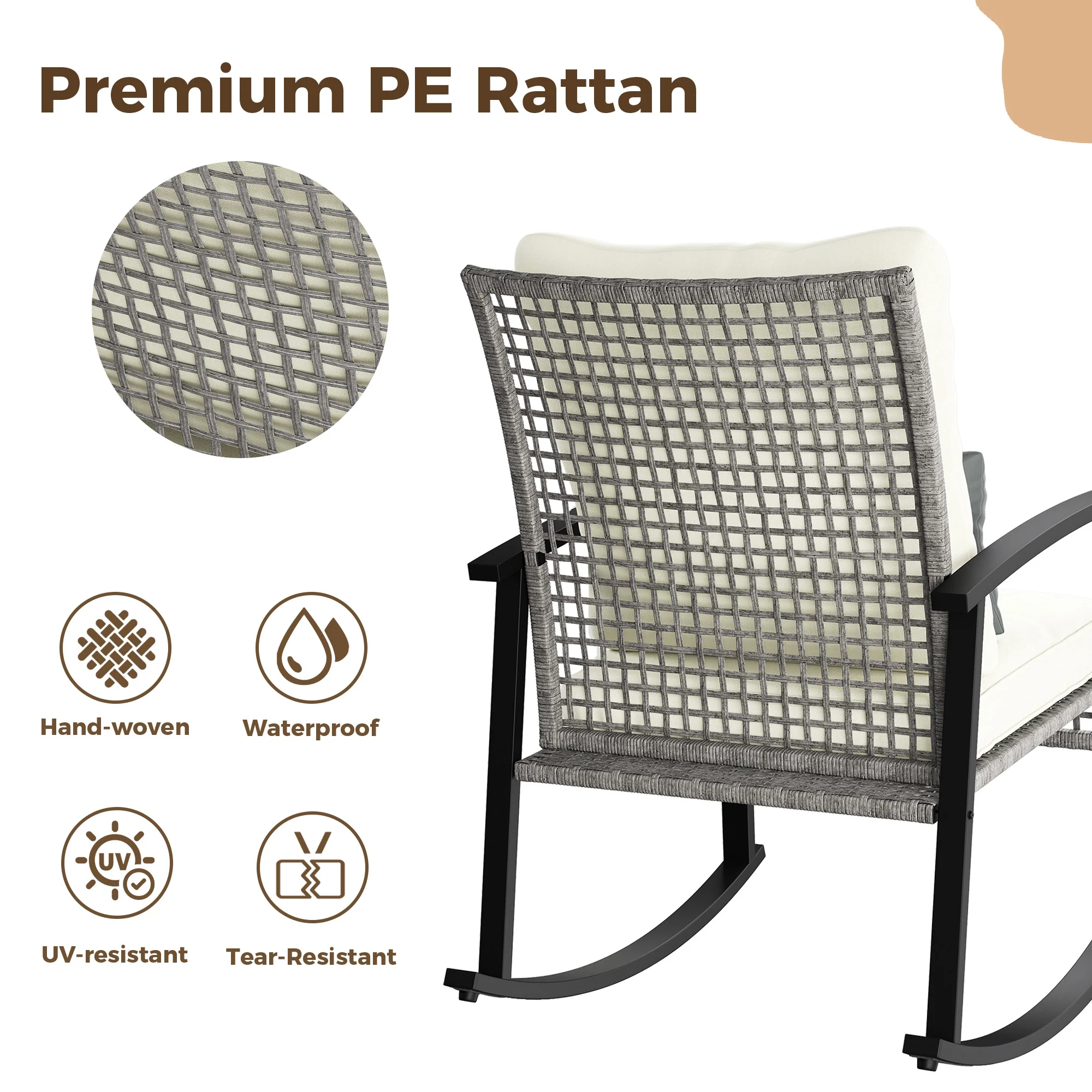 LAZZO 3 Pieces Patio Outdoor Conversation Set with Lumbar Pillows and Coffee Table, Gray PE Wicker Rocking Chairs with Beige Cushions