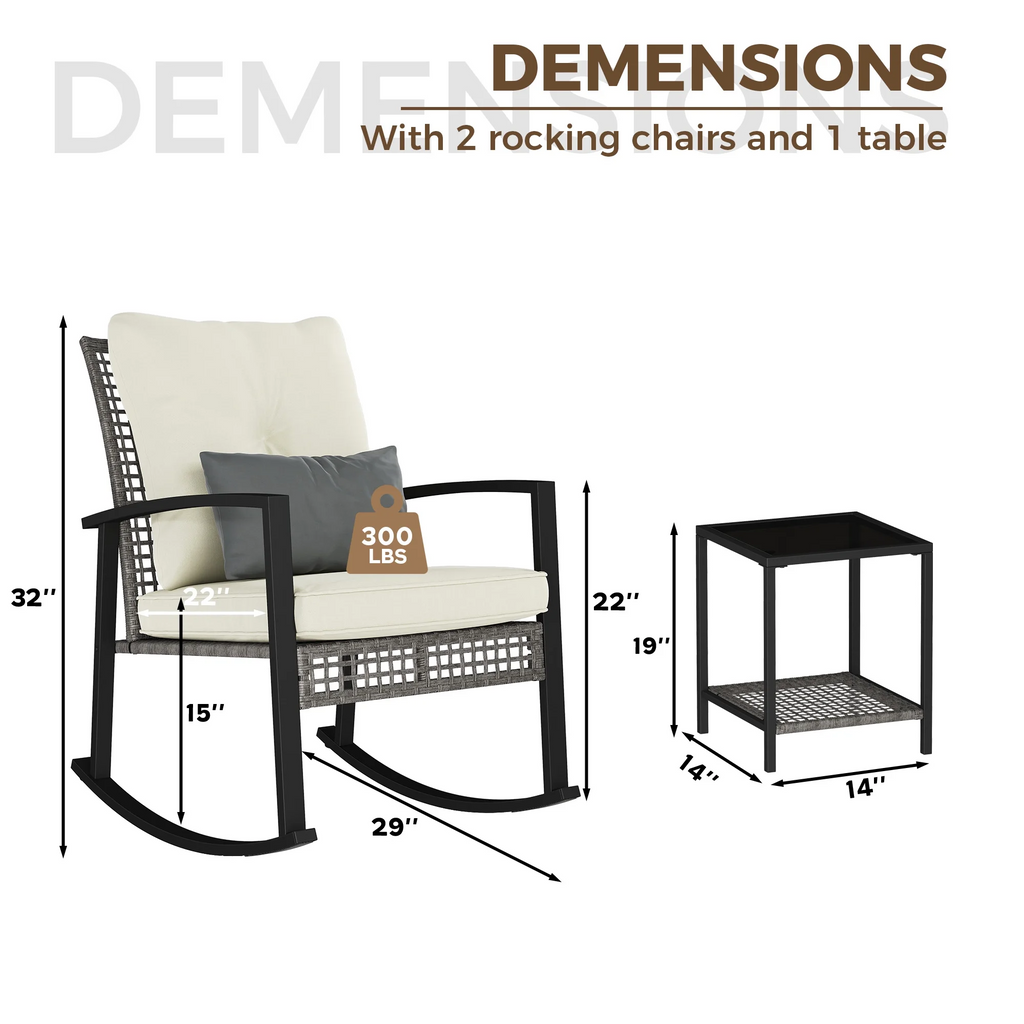LAZZO 3 Pieces Patio Outdoor Conversation Set with Lumbar Pillows and Coffee Table, Gray PE Wicker Rocking Chairs with Beige Cushions